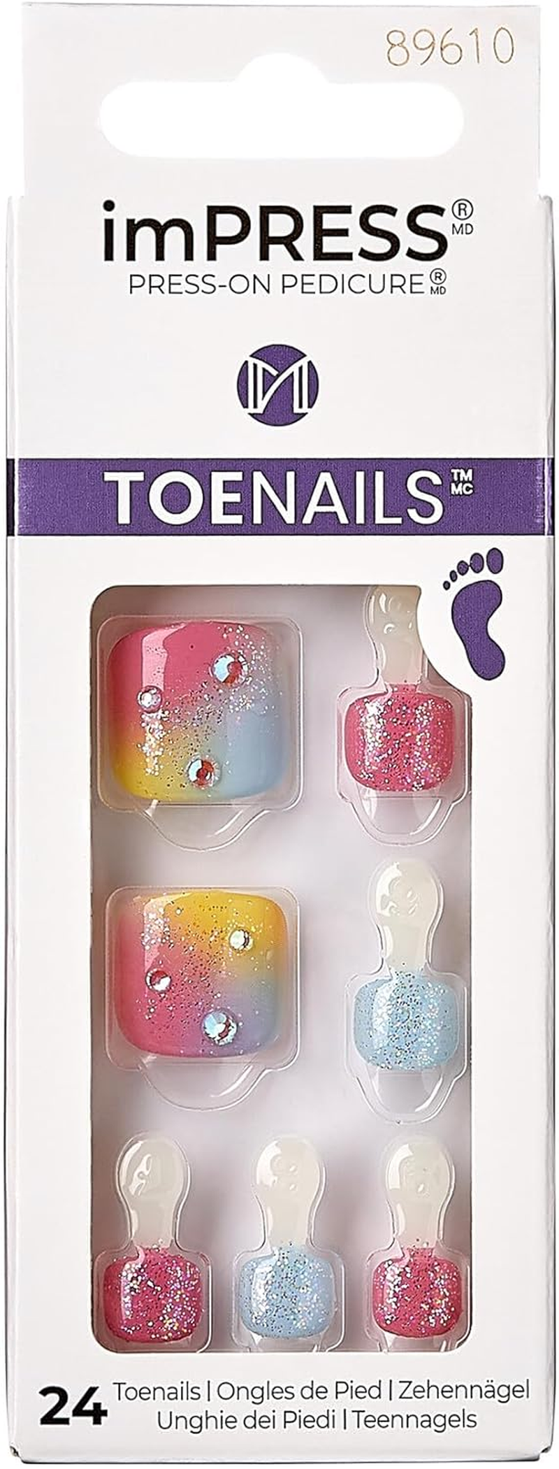 KISS Impress Pedi Rainbow Pink Light Blue Glitter Squoval Toe Nails with 24 Nails Prep Pad 1 Manicure Stick 1 Mini File image number 2