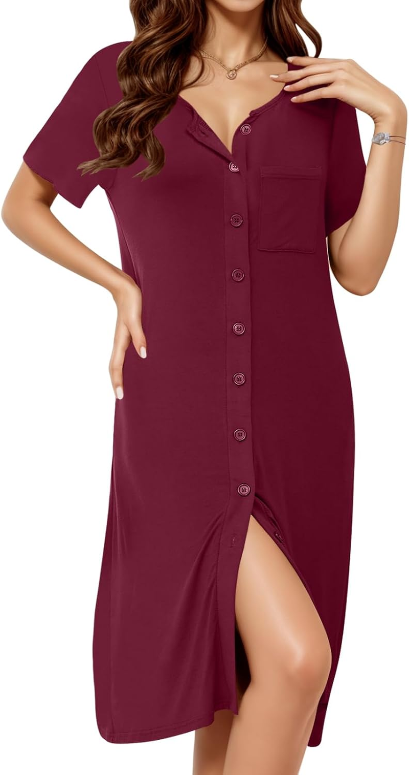 DB MOON Womens Nightgowns Button up Pajamas Short Sleeve Night Gown Sleep Wear Dress