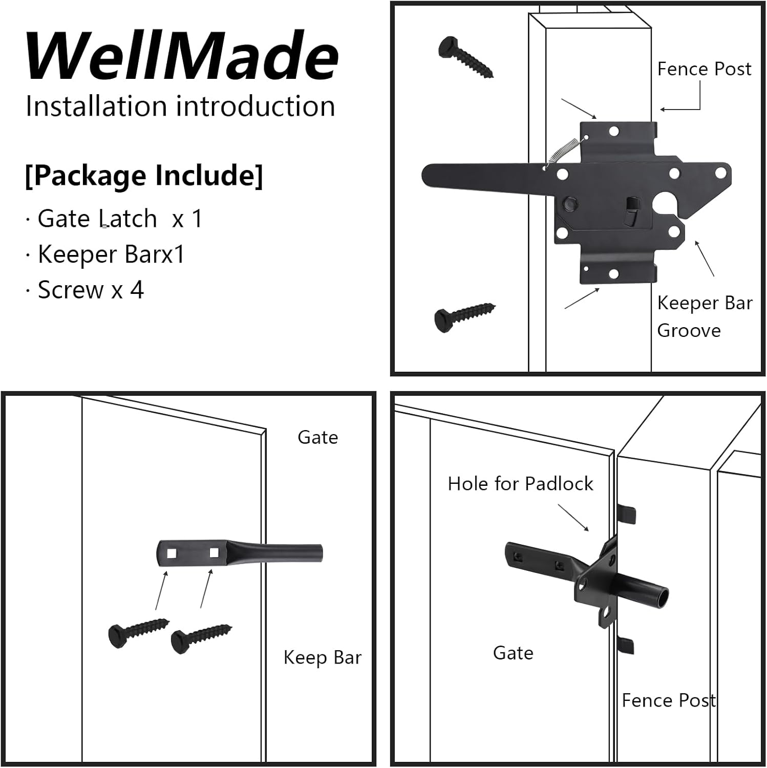 Wellmade Self-Locking Gate Latch Heavy Duty,Post Mount Automatic Gravity Lever Gate Lock/Door Latch for Wooden/Vinyl Fence with Fasteners,Garden Outdoor,Pool Gate, Black with Screws image number 2