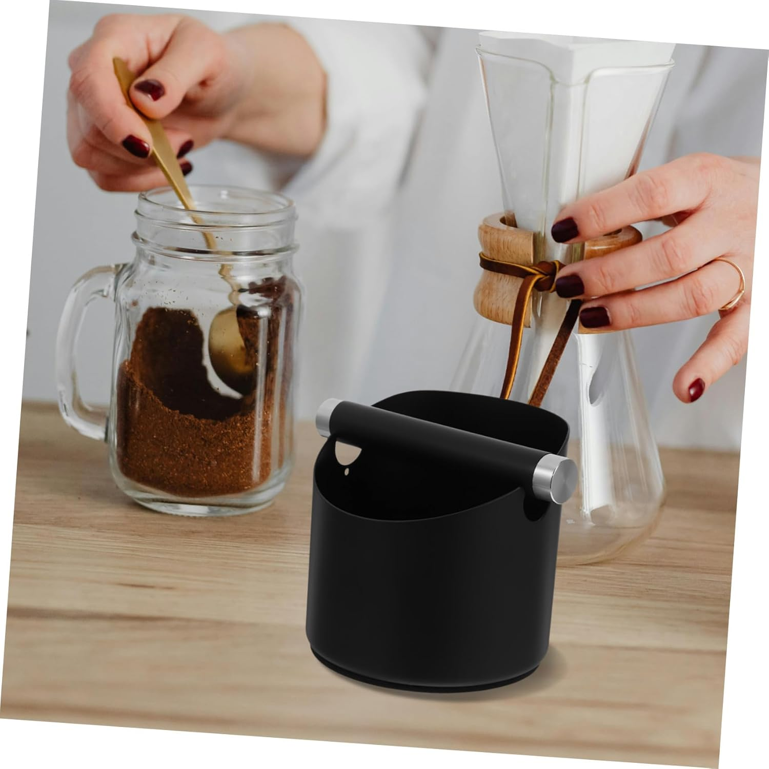 Uonlytech Stainless Steel Coffee Grounds Dump Bin Anti-Skid Espresso Knock Container Small Black Coffee Grind Waste Bin Versatile for Tea Leaves and Kitchen Use Easy to Clean image number 6