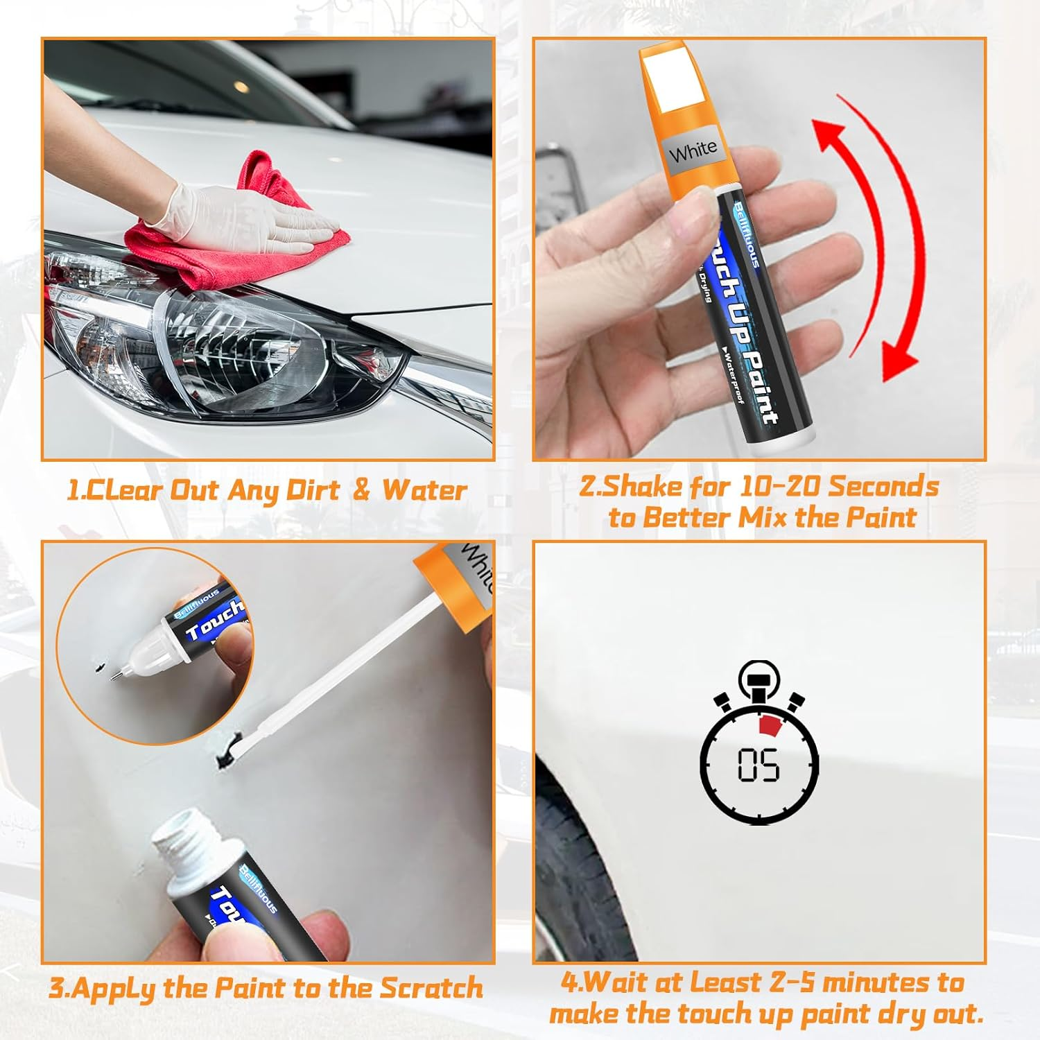 Bellifluous Car Scratch Remover, Touch up Paint Pen, 2 Packs White Car Paint Touch Up, 2 in 1 Auto Paint Scratch Remover Pen, Quick Drying Cars Scratch Repair Pen for Covering and Repairing Scratches image number 6