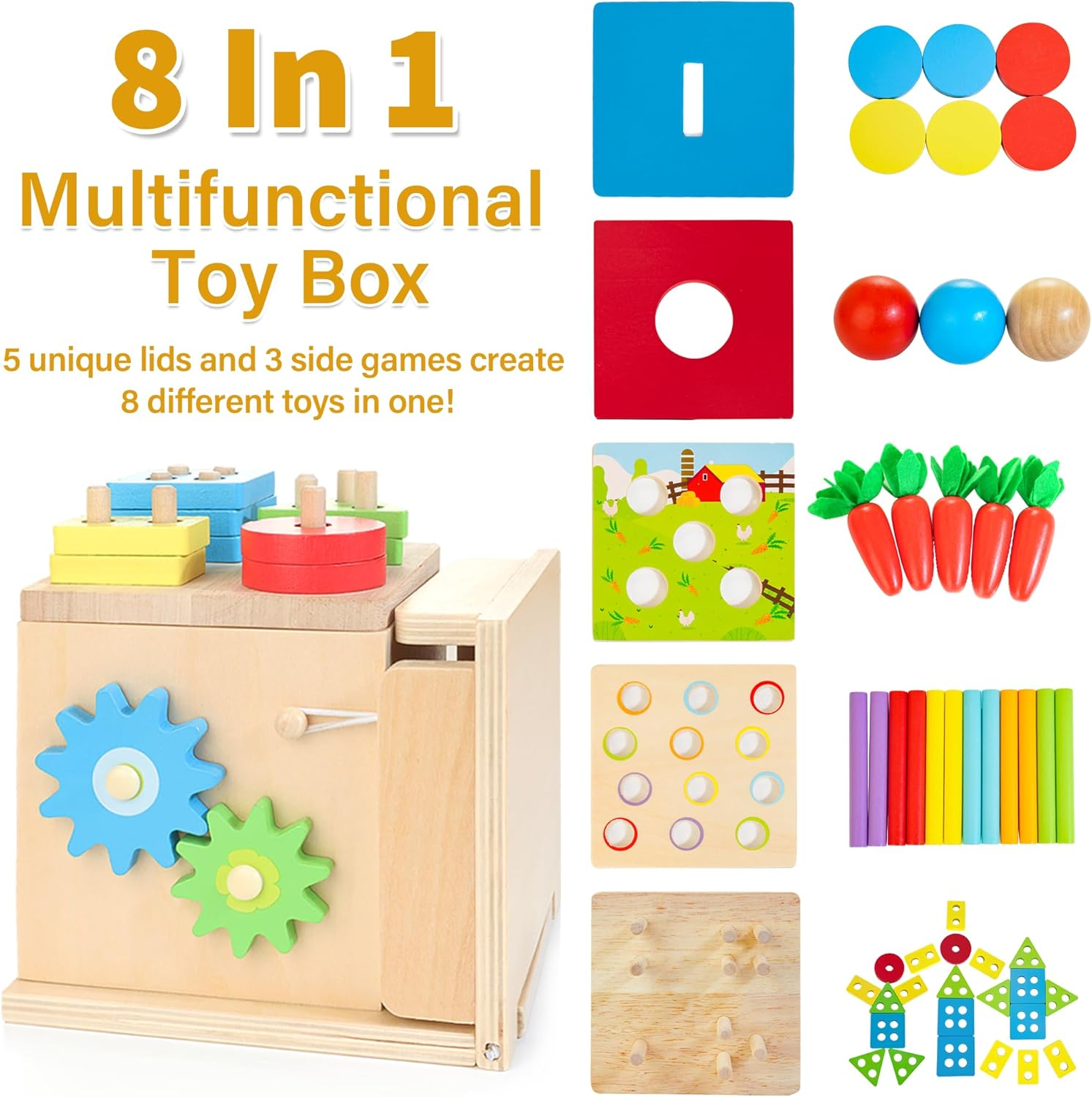 Wooden Montessori Baby Toys, 8-In-1 Wooden Play Kit Includes Object Permanent Box, Coin Box, Carrot Harvest, Shape Sorting & Stacking - Montessori Toys for Boys Girls Toddlers (Standard Edition) image number 6