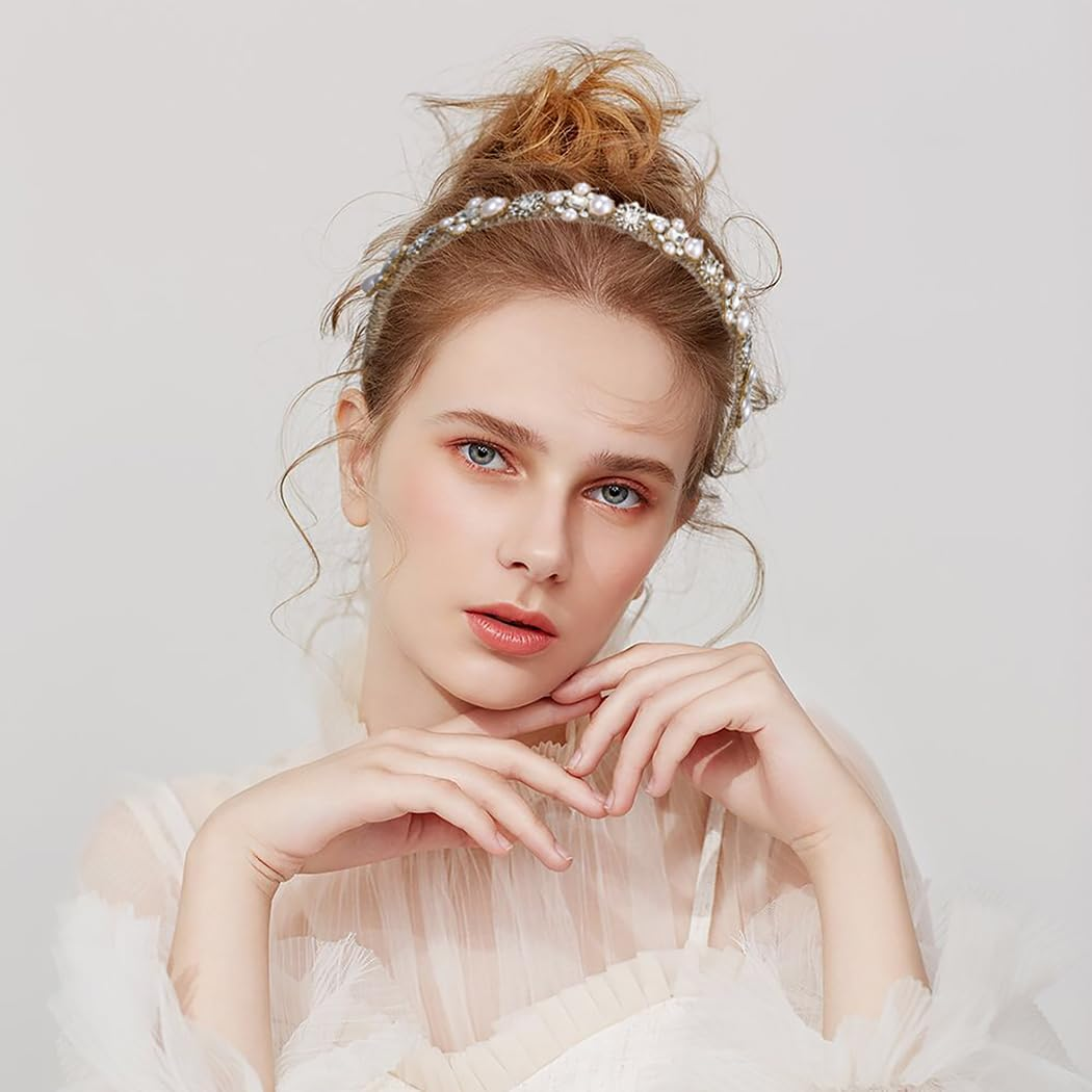 Sinalty Gold Pearls Headbands Baroque Rhinestones Hair Bands Crystal Hair Hoop with Beaded Hair Ties for Women (Fashion)