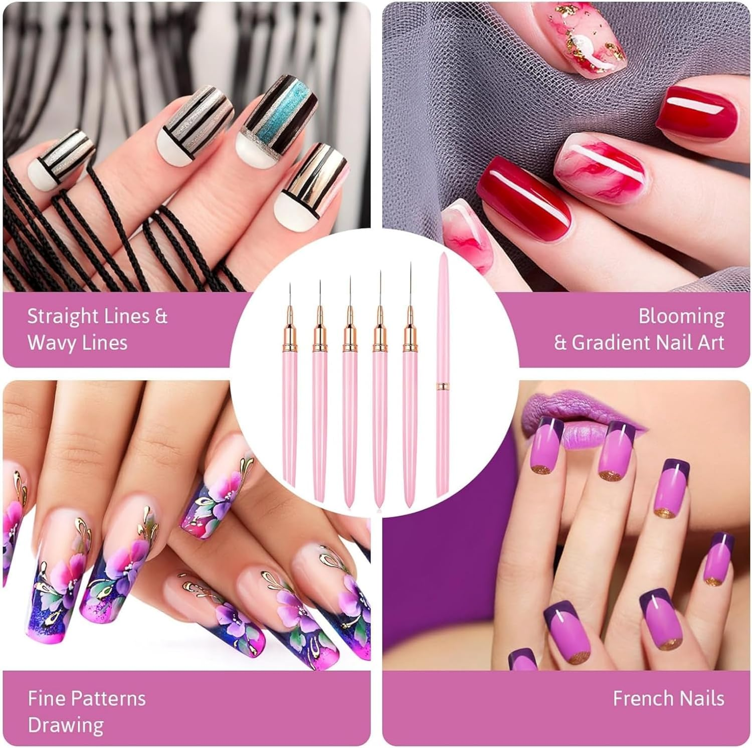 5 Pcs Nail Art Liner Brushes, Nail Art Brush for Long Lines, Liner Brush UV Gel Polish Painting Nail Design Brush Metal Handle Nail Drawing Pens, Sizes 5/8/12/20/25Mm image number 1