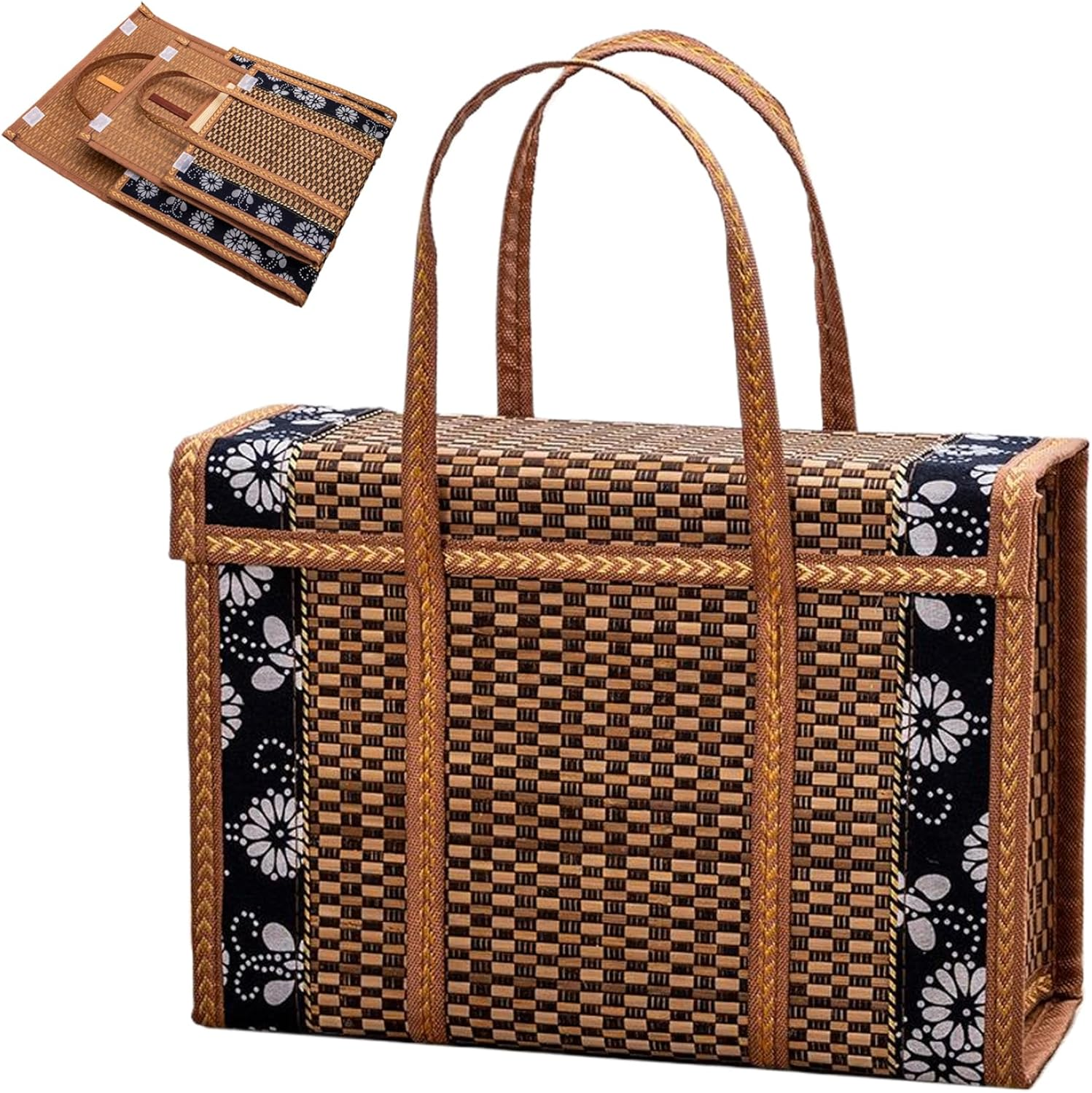 Bamboo Shopping Basket with Lid 14X6X10 Foldable Woven Picnic Bag with Floral Trim & Carry Handle image number 4