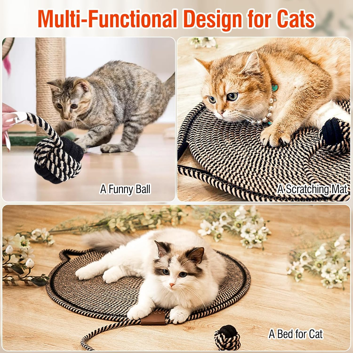 50Cm/19.7In Cat Scratching Mat, Wear-Resistant Waterproof Cotton Rope Cat Scratcher Mat, Cat Shape Cute Cat Scratching Mat for Indoor Cats, Door, Sofa, Carpet and Furniture Protector,Black image number 4