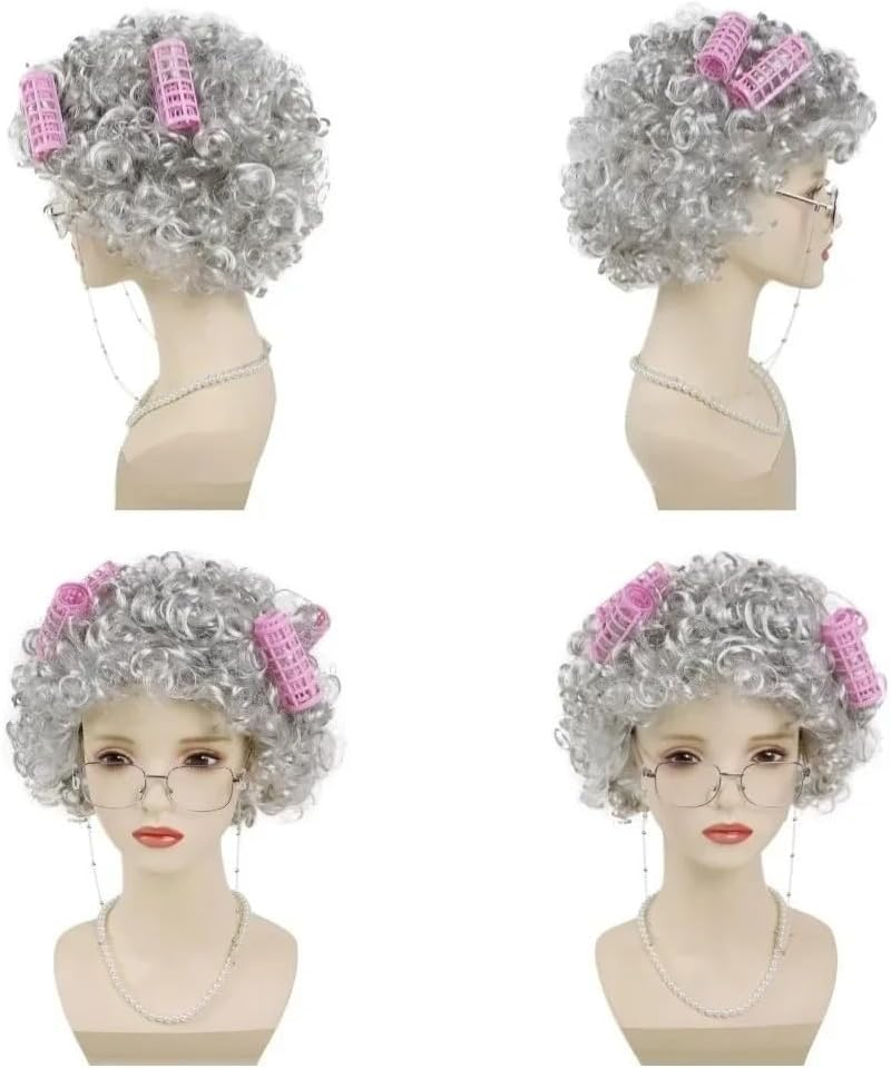 8Pcs Old Lady Dress up Wig Set, Granny Cosplay Set Halloween Grandma Curly Hair - Grandmother Wig, Hair Cap,Granny Glasses, Eyeglass Chains Cords Strap,Curlers,Pearl Necklace,Pearl Earrings