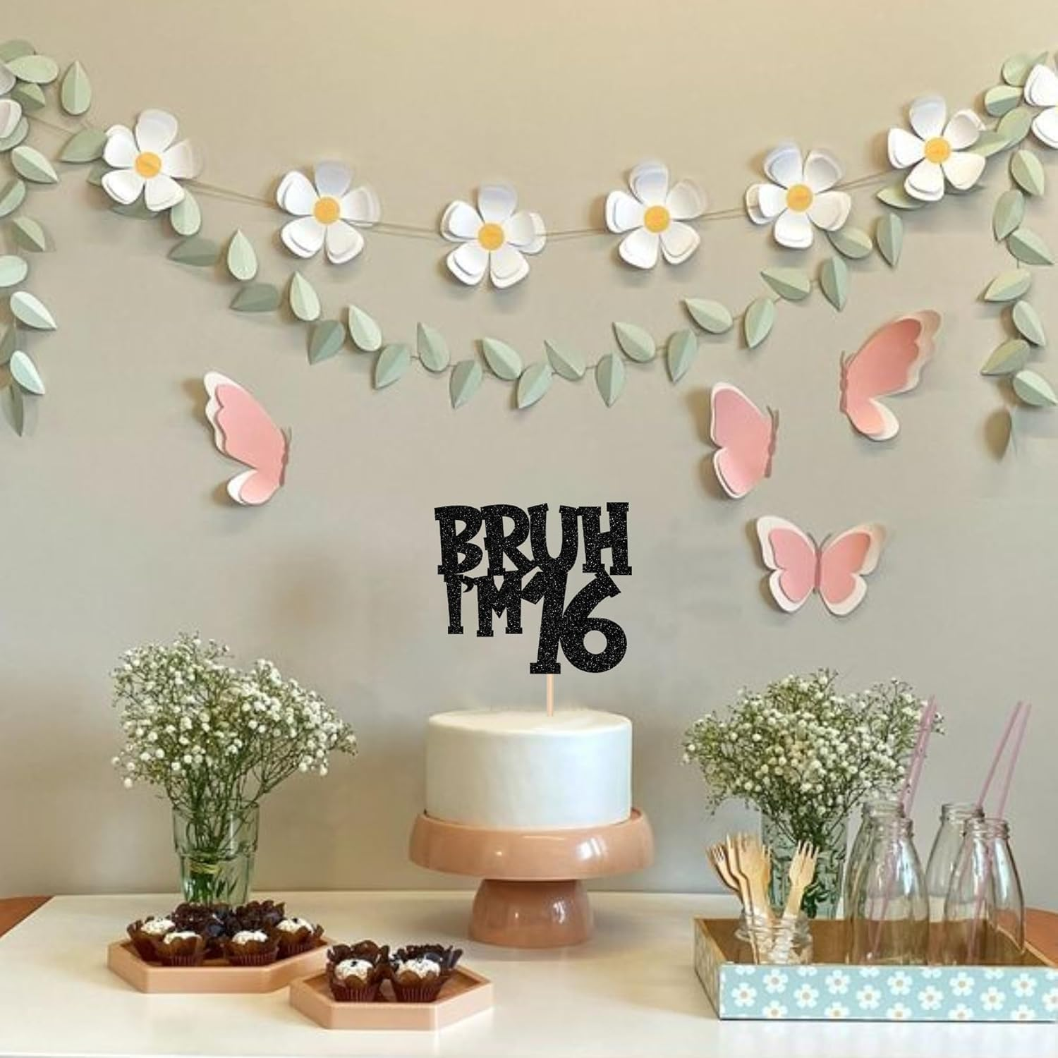 SYKYCTCY 1 Pack Black Glitter Bruh I'M 16 Cake Topper Glitter Cheers to 16Th Cake Pick Funny 16Th Cake Decorations for Happy Birthday Party Supplies Black