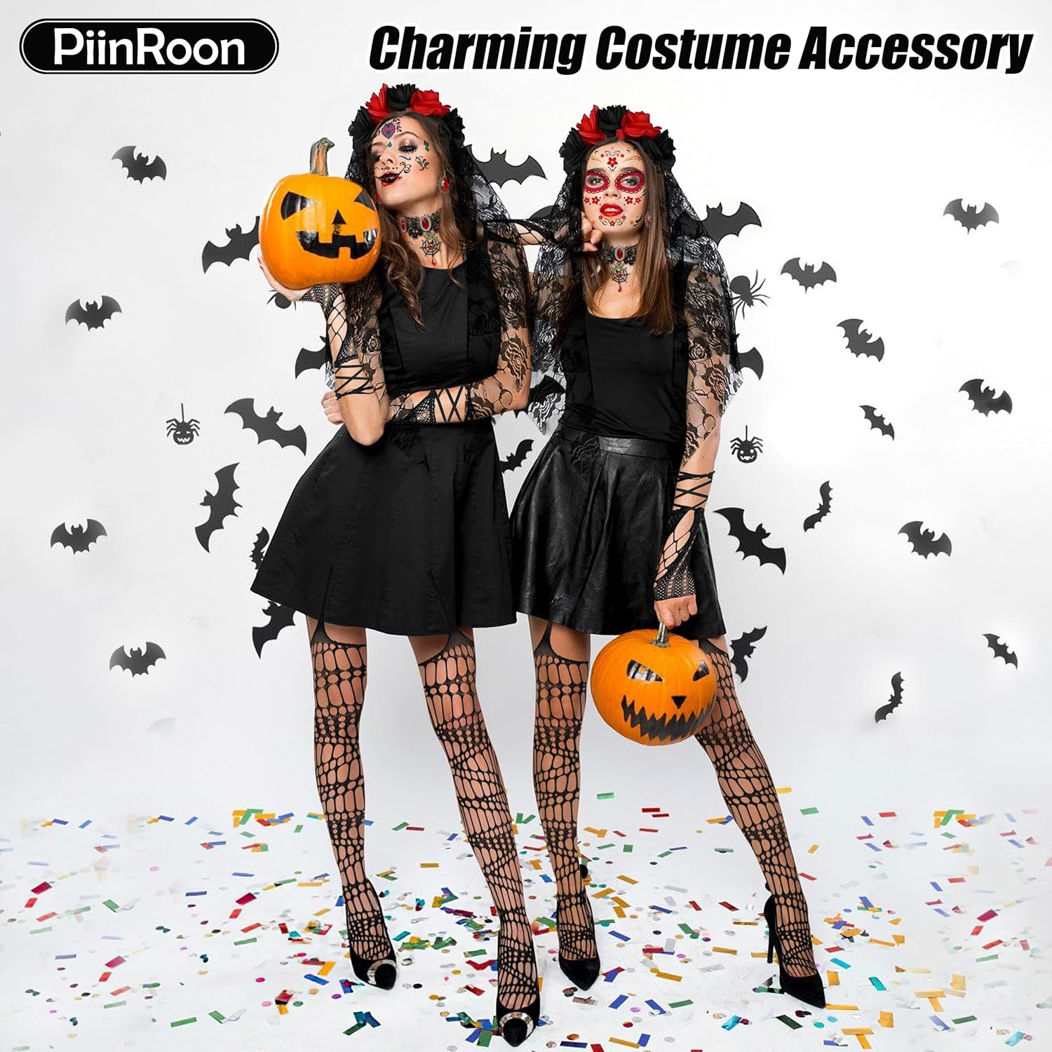 Piinroon Day of the Dead Headband, 5 Pcs Day of the Dead Costume, Halloween Headband Necklace Earrings Gloves Socks for Women image number 2