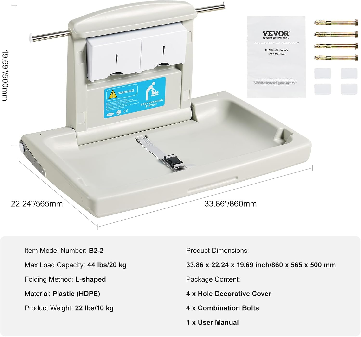 VEVOR Wall-Mounted Baby Changing Station, Horizontal Foldable Diaper Change Table with Safety Straps and Hanging Rods, Use in Commercial Bathrooms, Daycare Centers for Newborns & Infant image number 2