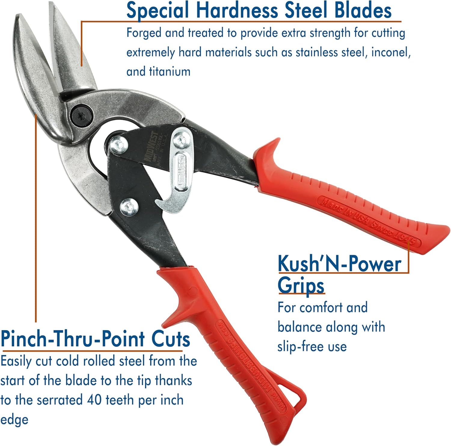 MIDWEST Aviation Snip - Left Cut Offset Stainless Steel Cutting Shears with Forged Blade & KUSH'N-POWER Comfort Grips - MWT-SS6510L image number 4