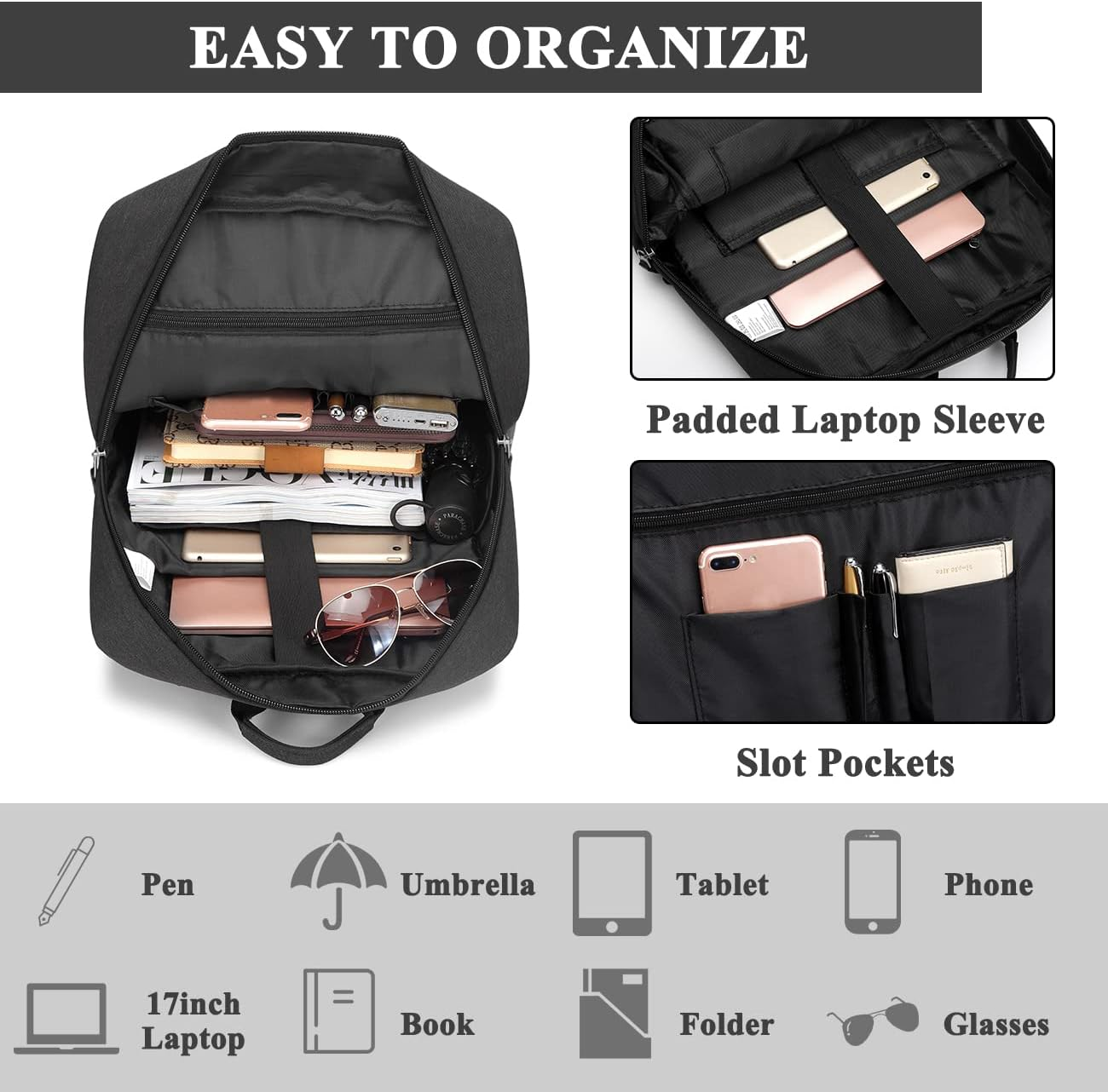 Laptop Backpack for Men Women, VASCHY Lightweight Business Backpack Fits 15.6-17 Inch Laptop College School Computer Bag for Work Travel Rucksack with USB Charging Port Black - Dark Gray image number 2