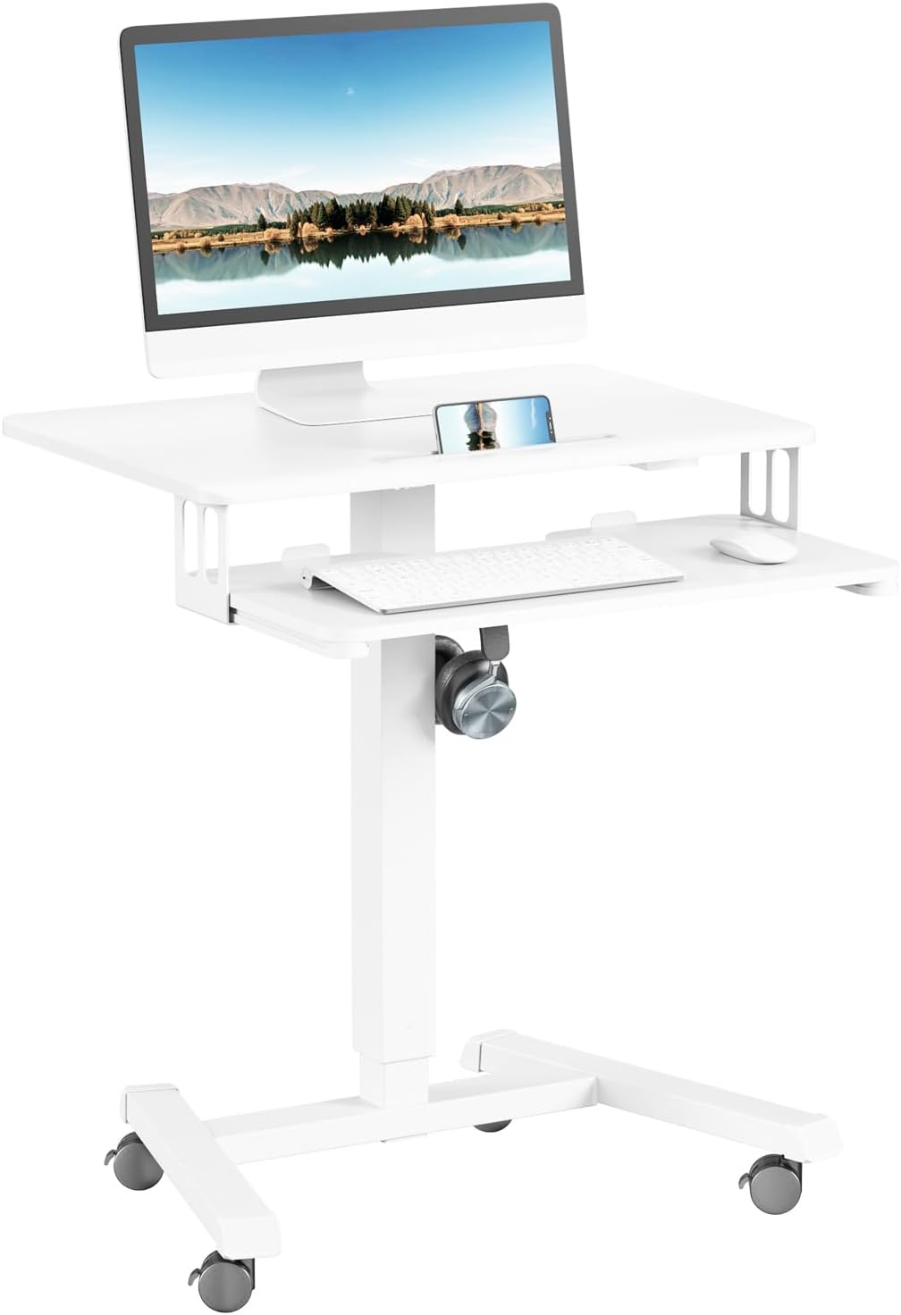 ERGOMAKER Mobile Standing Desk Pneumatic Adjustable Height 25.6 X 17.7 Inch Mobile Desk Adjustable Height on Wheels，Sit Stand up Desk Home Office Computer Desk, White + Dual image number 6
