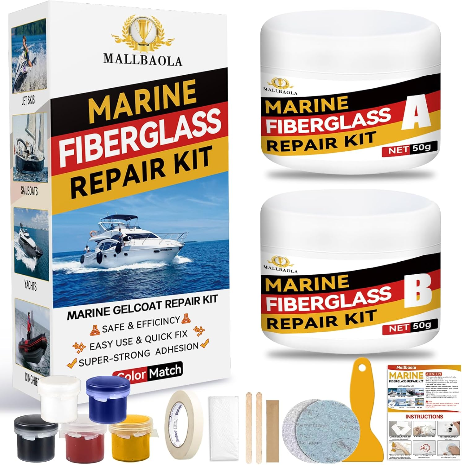 Marine Fiberglass Repair Kit for Boats, Gel Coat Repair Kit for Boats, Fiberglass Boat Repair Kit, Epoxy Filler for Fiberglass Boats, Fiberglass Kit Fix Holes Chips Pits and Deep Cracks (Color Match) image number 1