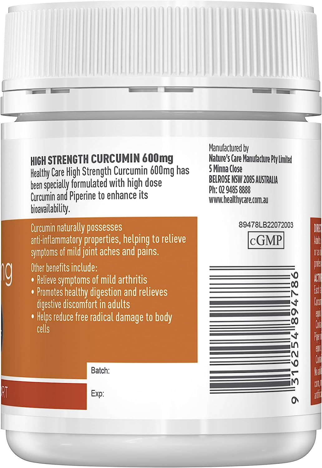 Healthy Care High Strength Curcumin Tablets - Premium Dietary Supplement for Antioxidant Support - Supports Joint and Digestive Health - Natural Curcumin - 600Mg - 60 Tablets image number 2