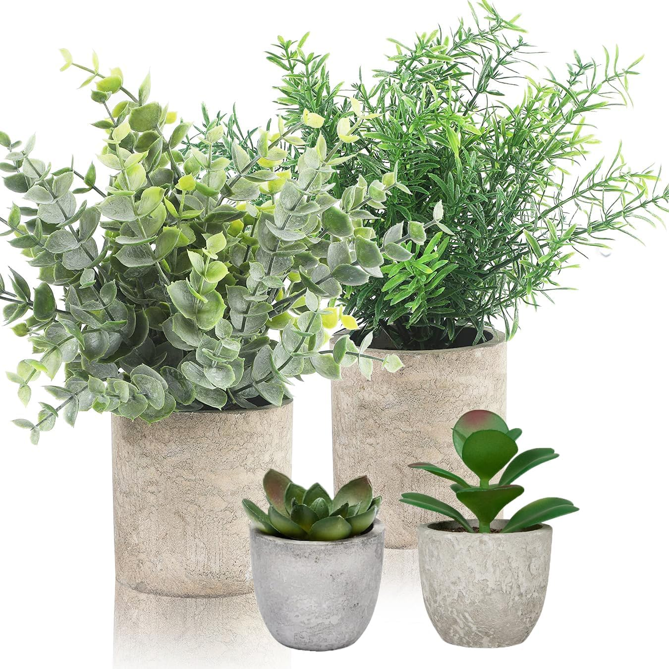 4 Set Artificial Plants Indoors Potted, Small Fake Plants in Pot Eucalyptus Rosemary Succulents for Home Decor Desk Bedroom Kitchen Office Decoration (4 Pack-A)