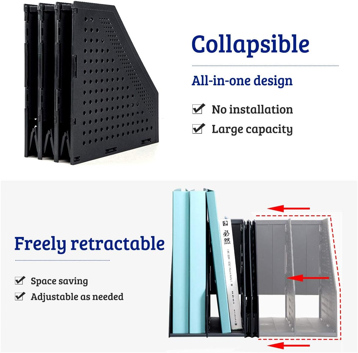 SAYEEC Collapsible File Organizer Magazine Holder Desktop 4 Compartment File Holder Plastic Divider Sorter Adjustable Stand Office Document Organizer Storage Bins Home School File Box (Black) image number 3