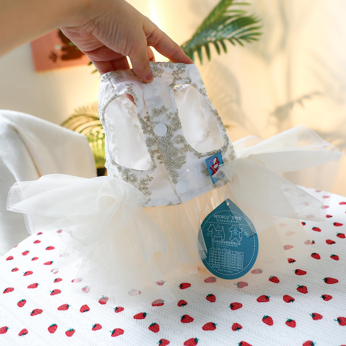 Champagne Dog Dresses for Small Dogs Girl with Leash Ring & Bow Decor,Luxury Dog Wedding Dress with Multi-Layer Princess Tutu Skirt, Embroidered Cat Flower Dress(Large) image number 3