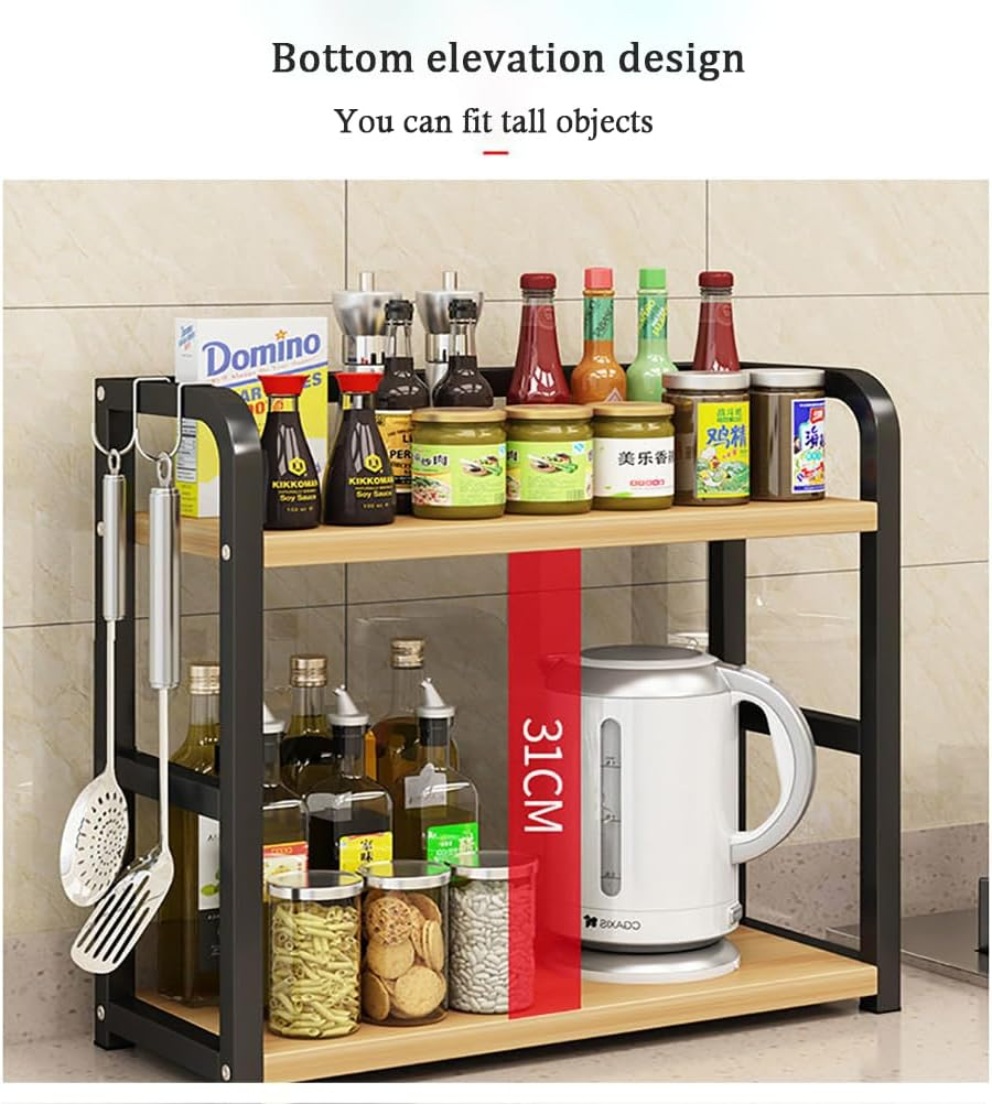 Dreamhousey Kitchen Countertop Stainless Steel +Wooden Board 2-Tier Seasoning Storage Rack, Kitchen Desktop Condiment Can Tank Supplies Organizer Shelf (Black+Oak, 2-Tier), 8-3-1 image number 1