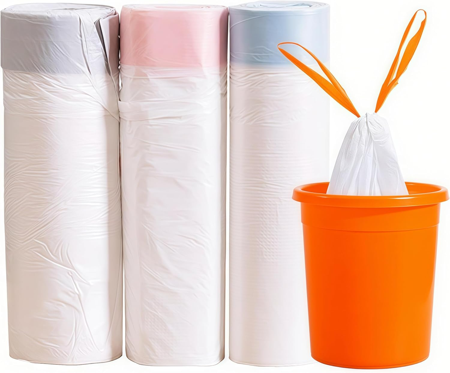 Drawstring Bin Bags, 15L, 3 Rolls Rubbish Bags,45X50Cm, White Garbage Bags for Kitchen, Bedroom, Office