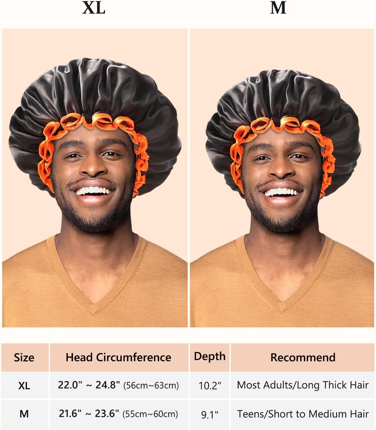 Mikimini Large Shower Cap for Women Long Hair, Black, Reusable Waterproof Double Layers XL Washable Colorfast Odorless High-Quality Shower Cap for Men with Vibrant Orange Edge image number 7
