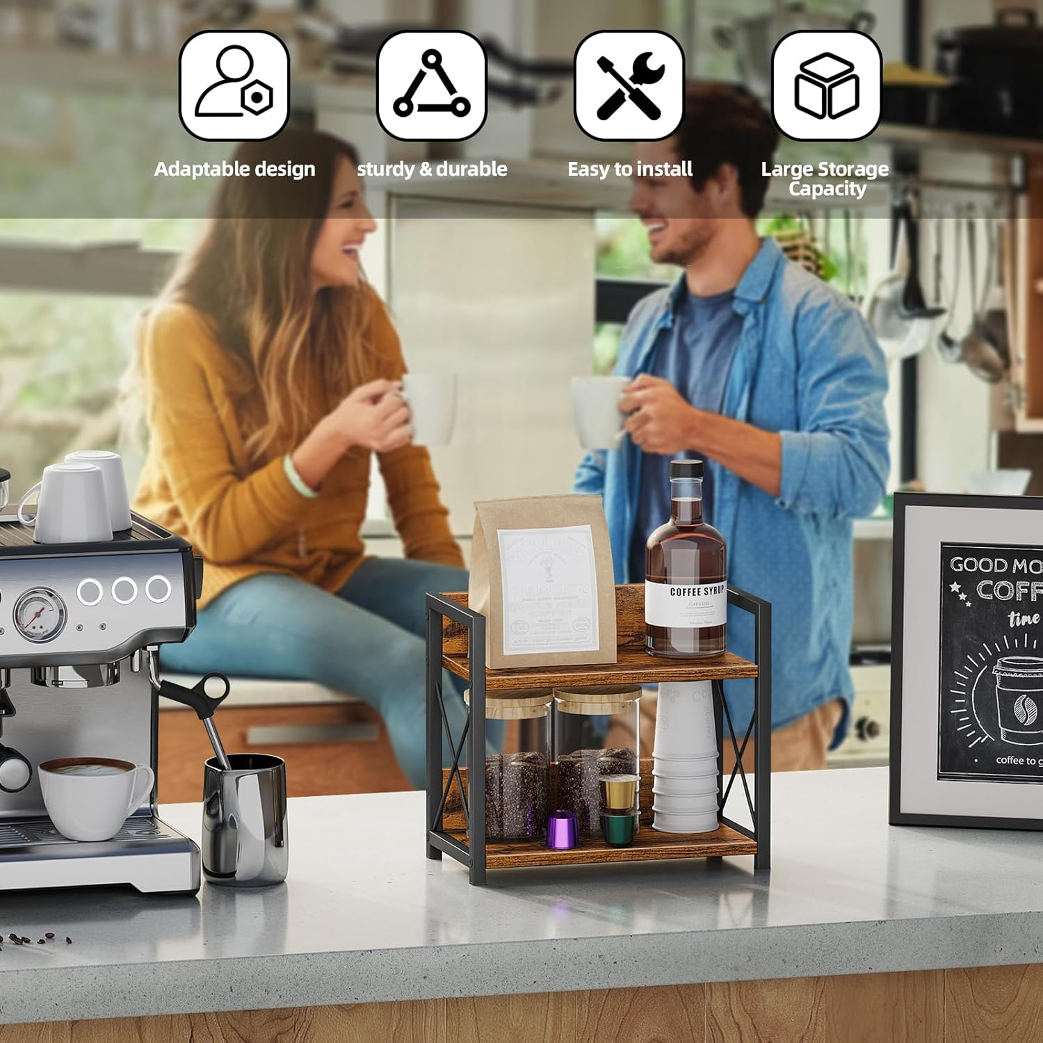 Giikin Countertop Shelf Organizer, 2 Tier Kitchen Spice Rack Organizer for Countertop, Wood Coffee Counter Shelf Organizer for Home (Brown, S) image number 2