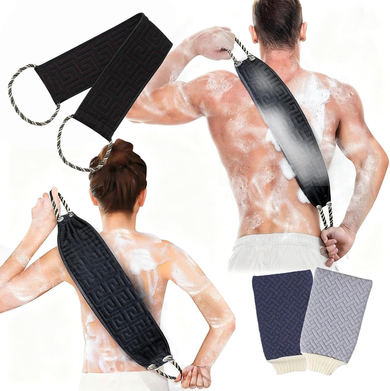 Body Scrubber，Back Scrubber，Long Exfoliating Back Scrubber for Shower, 34In Body Scrubber with Handles & Mitts, Double-Sided Black Mesh Scrubber for Deep Cleansing & Skin Exfoliation image number 3
