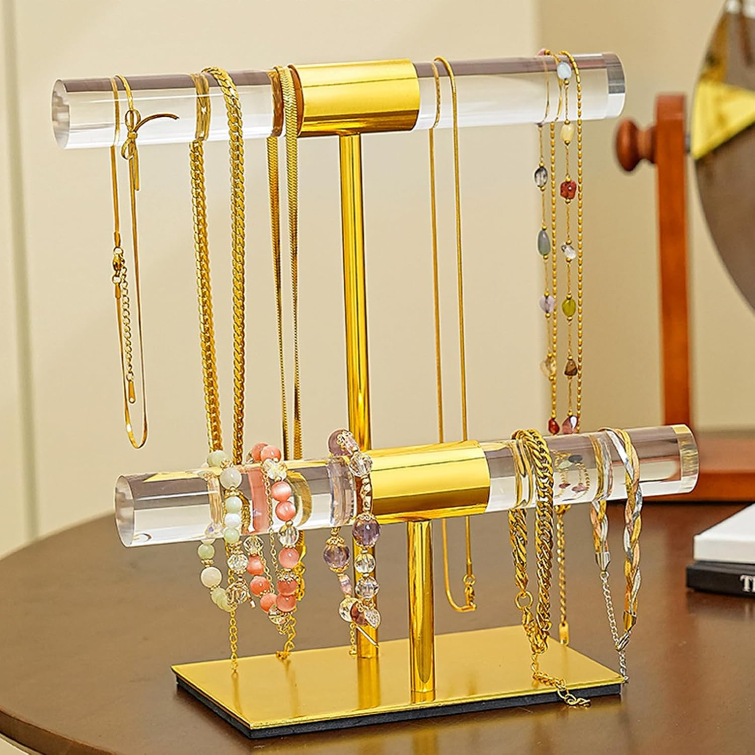 UPAUS Display Stand Acrylic Jewelry Towers, 2-Tier Gold Stainless Steel Jewelry Display Stand, Crystal T Bar Jewelry Organizer, Long Necklaces Stand Holder, Home Decor for Store Boutique Vendors