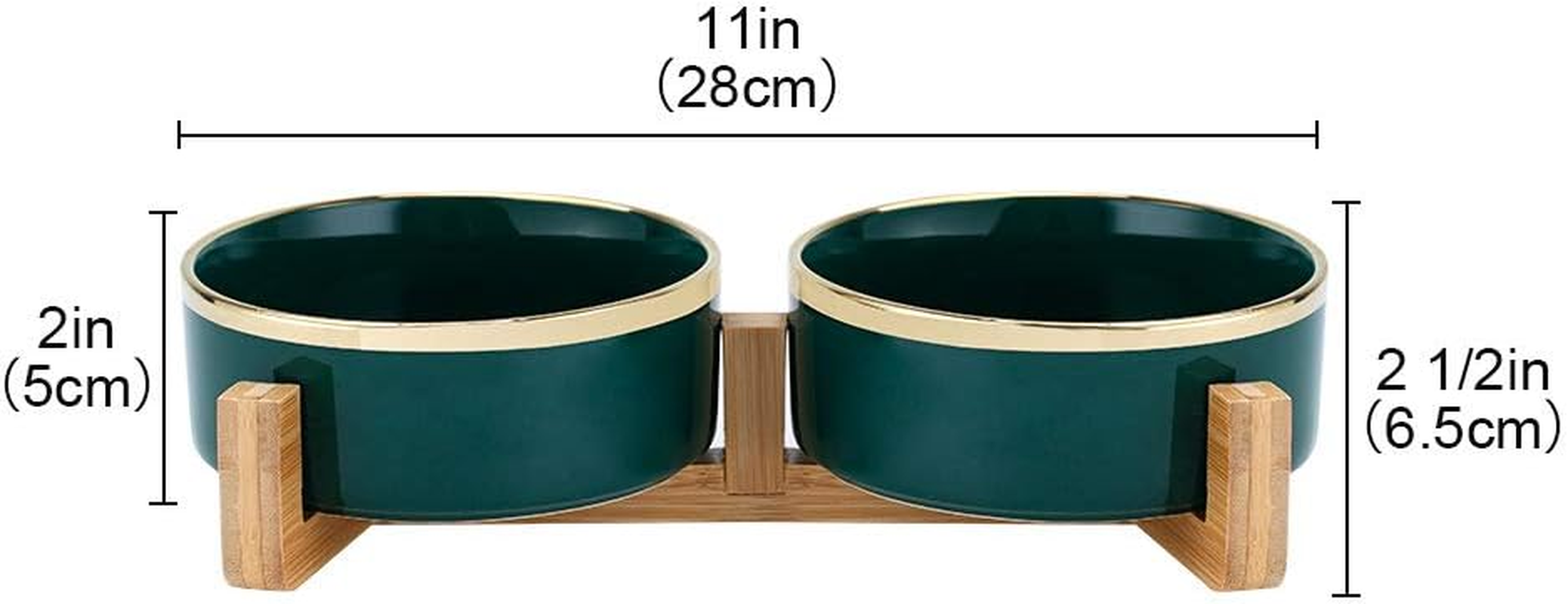 Green Gold Ceramic Cat Dog Bowl Dish with Wood Stand No Spill Pet Food Water Feeder Cats Medium Dogs Set of 2 image number 4