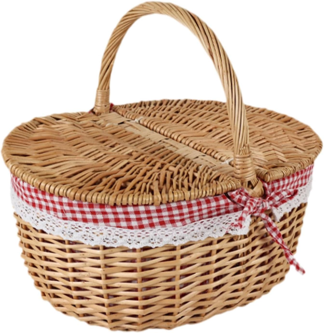 Wicker Picnic Basket, Rattan Storage, Serving Basket with Lid and Handle, Wicker, Woven Basket for Park Parties, Red White, Small image number 3