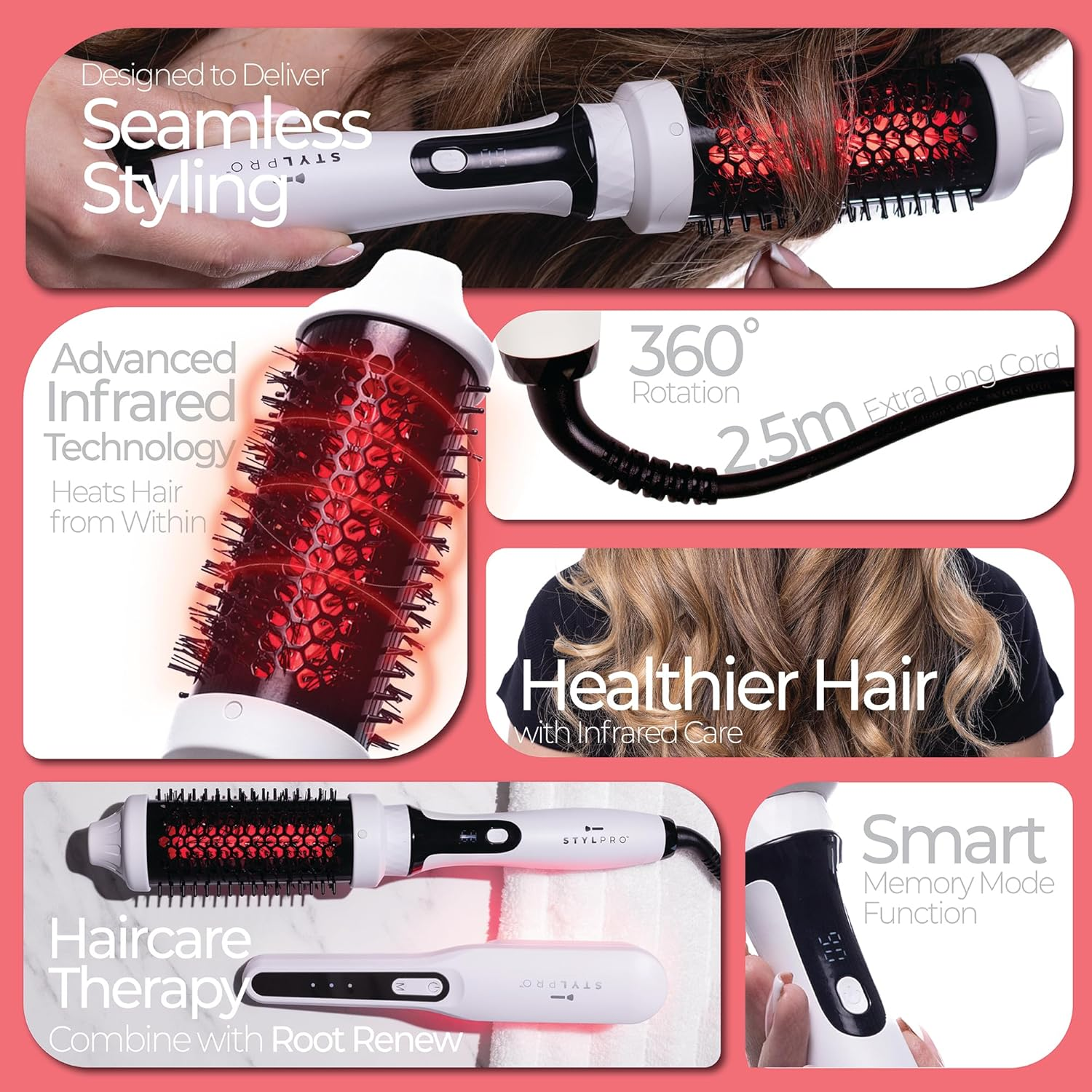 STYLPRO Thermal Brush with Red and near Infrared Leds - 58 NIR + 84 Red Leds, Ceramic Cylinder, Adjustable Heat, Lightweight Blowout and Curling Brush for All Hair Types image number 5
