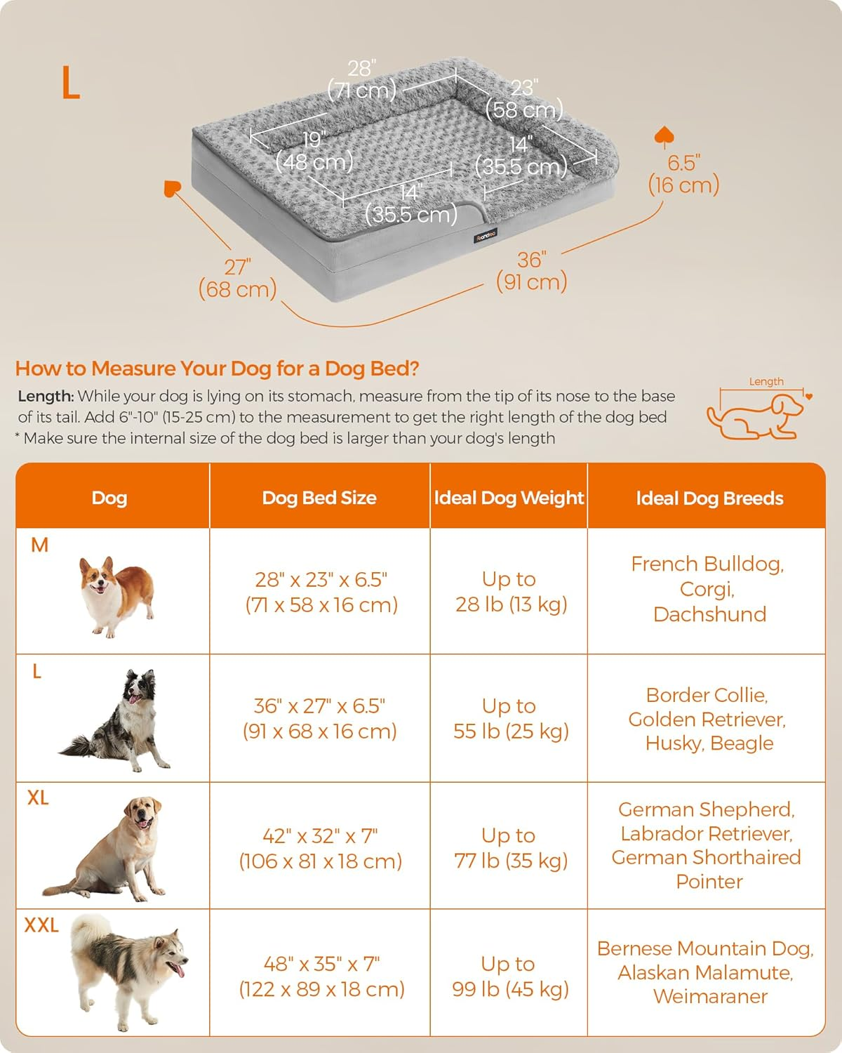 Feandrea Orthopaedic Dog Bed for Large Dogs, Waterproof Dog Sofa Bed with Removable Washable Cover, 36 X 27 X 6.5 Inches, Dove Gray UPGW252G01 image number 1