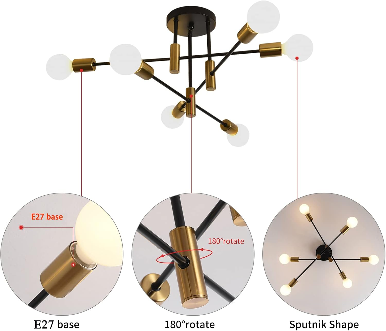Ganeed Mid Century Modern Sputnik Chandelier, Gold & Black Adjustable Ceiling Lighting, 6 Lights Industrial Mount Pendant Light Fixture for Kitchen Living Dining Room Bedroom Foyer image number 6
