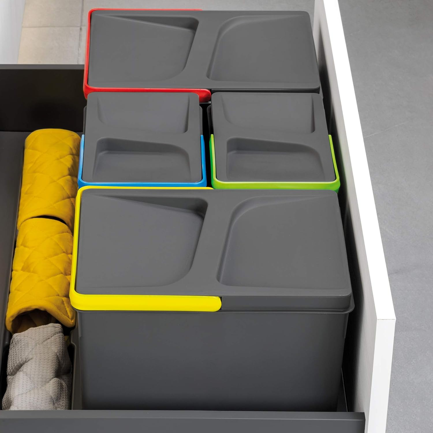Emuca - Recycle Containers for Kitchen Drawers, Height 216, 2X12L + 2X6L, Anthracite Grey Plastic, Plastic image number 5