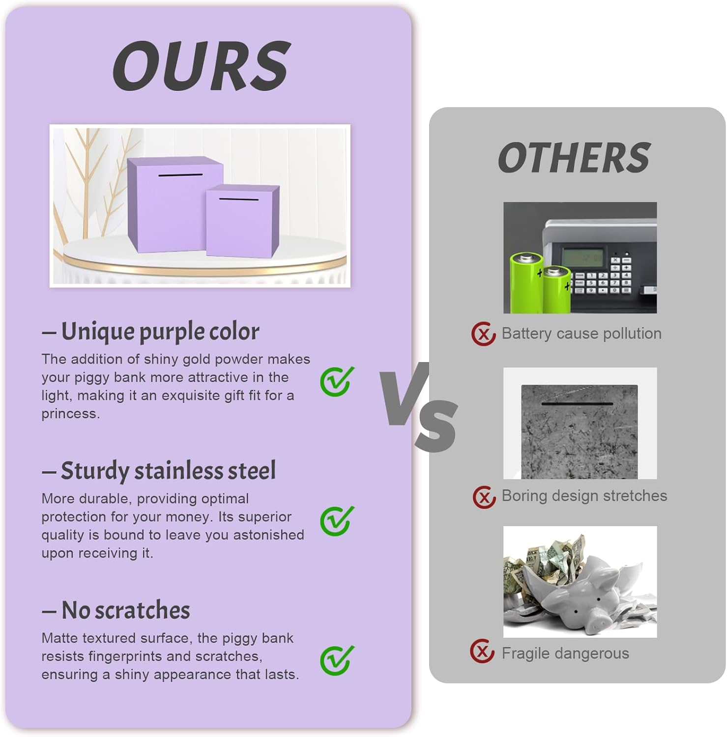 Kozsort Stainless Steel Adult Piggy Bank, Purple, 7.9-Inch