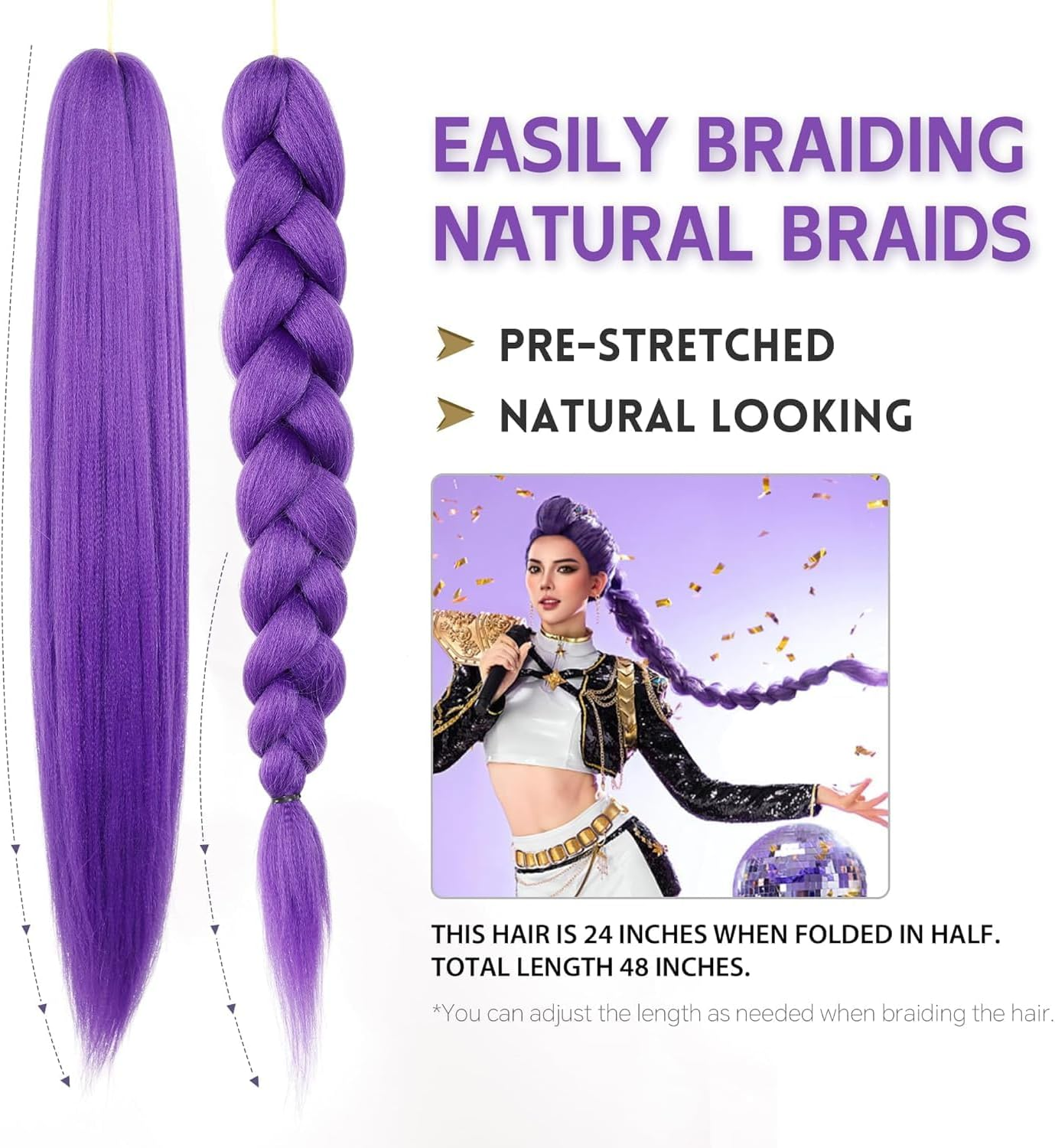 Purple Braiding Hair Extensions for Braids .24 Inch Pre Stretched Hair Long Straight Crochet Braids Yaki Texture Synthetic Fiber 2 Packs (Dark Purple) image number 6