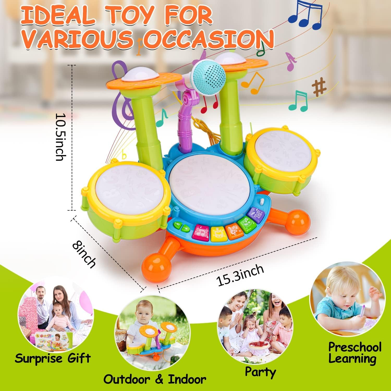 Toddler Drum Set 1-3 Years Rock and Roll Musical Instrument Toy with 3 Drums, 2 Cymbals, Microphone, 5 Modes, Lights & Volume Control image number 4