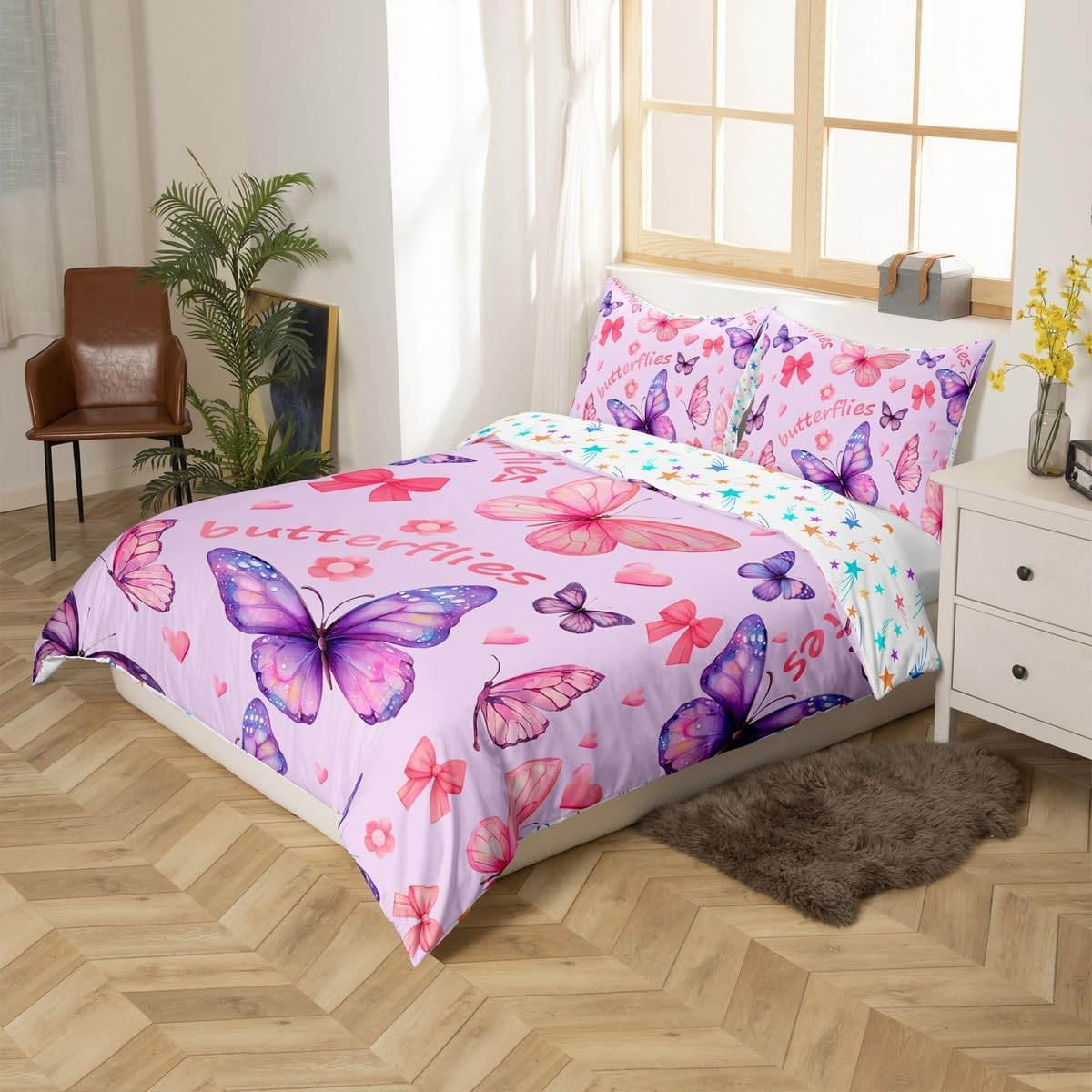 Homemissing Butterfly Duvet Cover Set Pink Bowknot Bedding Set for Boys Girls Cute Butterflies Print Bedding Set 135 X 200 Cm 2 Pieces Floral Room Decoration image number 4