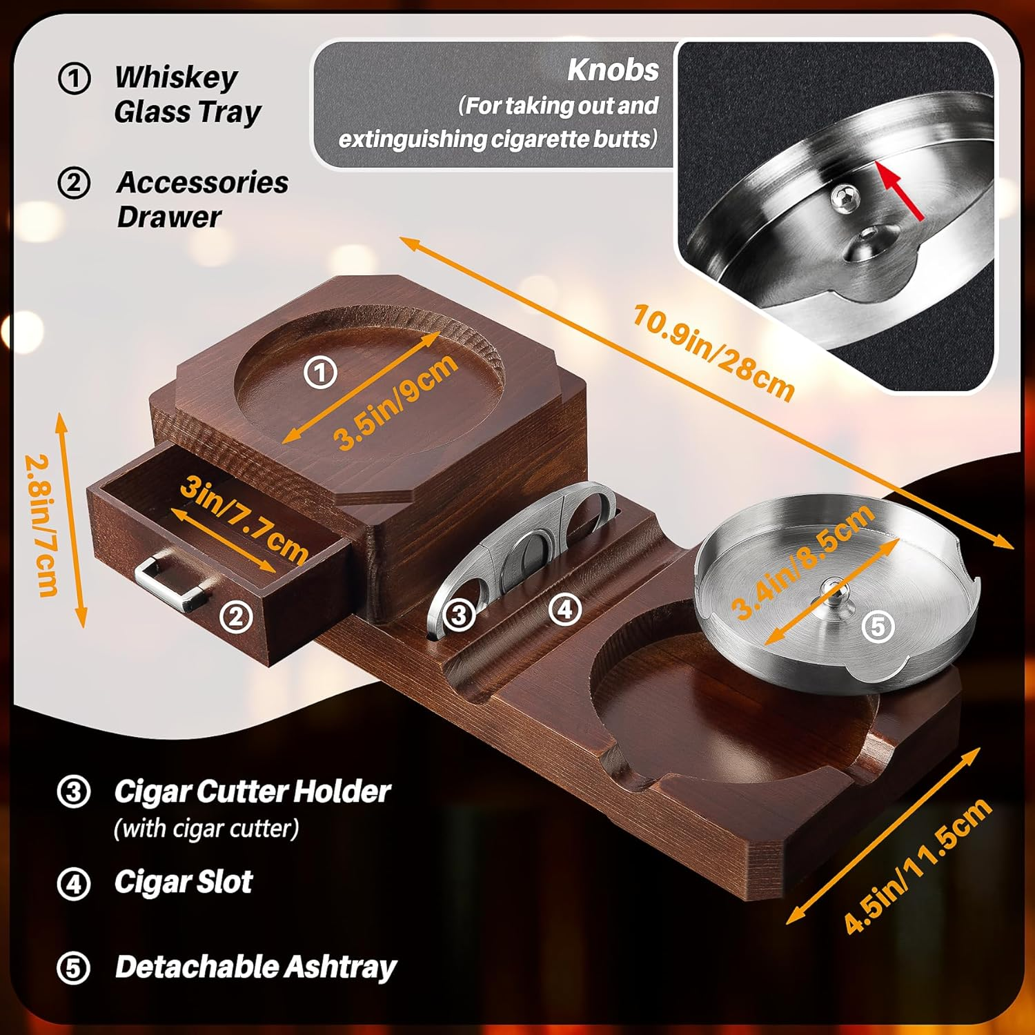 Grovind Cigar Ashtrays, Whiskey Glass Tray and Wooden Ash Tray Detachable Outdoor Ashtray for Cigarettes, Gift Set with Cigar Cutter, Great Decor for Home Office Gifts for Men - Gold Yellow image number 4