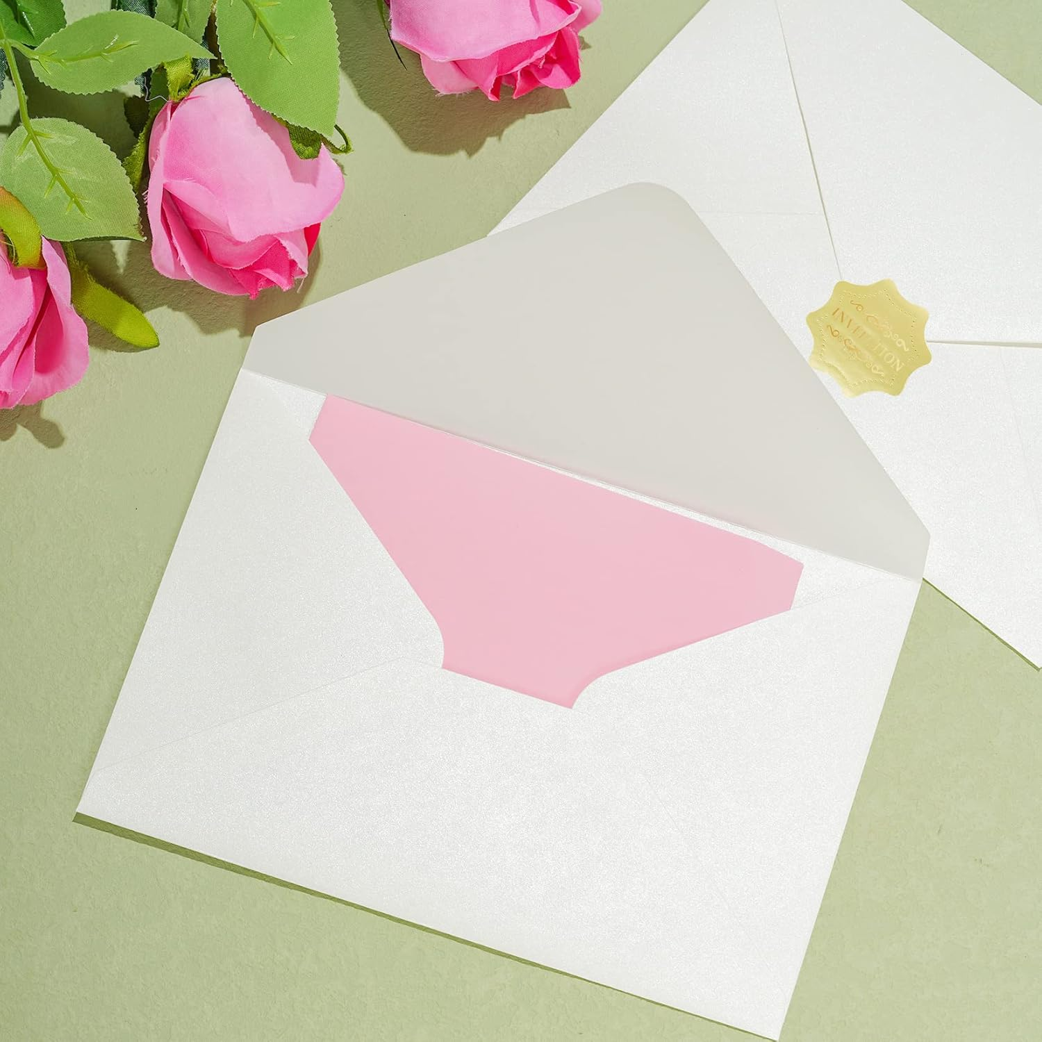 50Pcs A7 Pearl Envelopes Wedding Envelopes, Perfect for 5 X 7 Inch Wedding Invitation Cards Graduation Birthday Greeting Cards Thank You Cards Pearl Paper Luxurious (Pearl Ivory) - Pearl Blush Pink image number 4