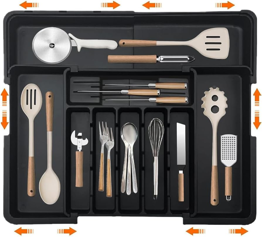 Wnddle Expandable Cutlery Tray for Drawers, Drawer Organiser, Cutlery Tray for Drawers, Adjustable Drawer Insert, Cutlery Tray, Kitchen Organiser, for Spoons/Forks (Grey)