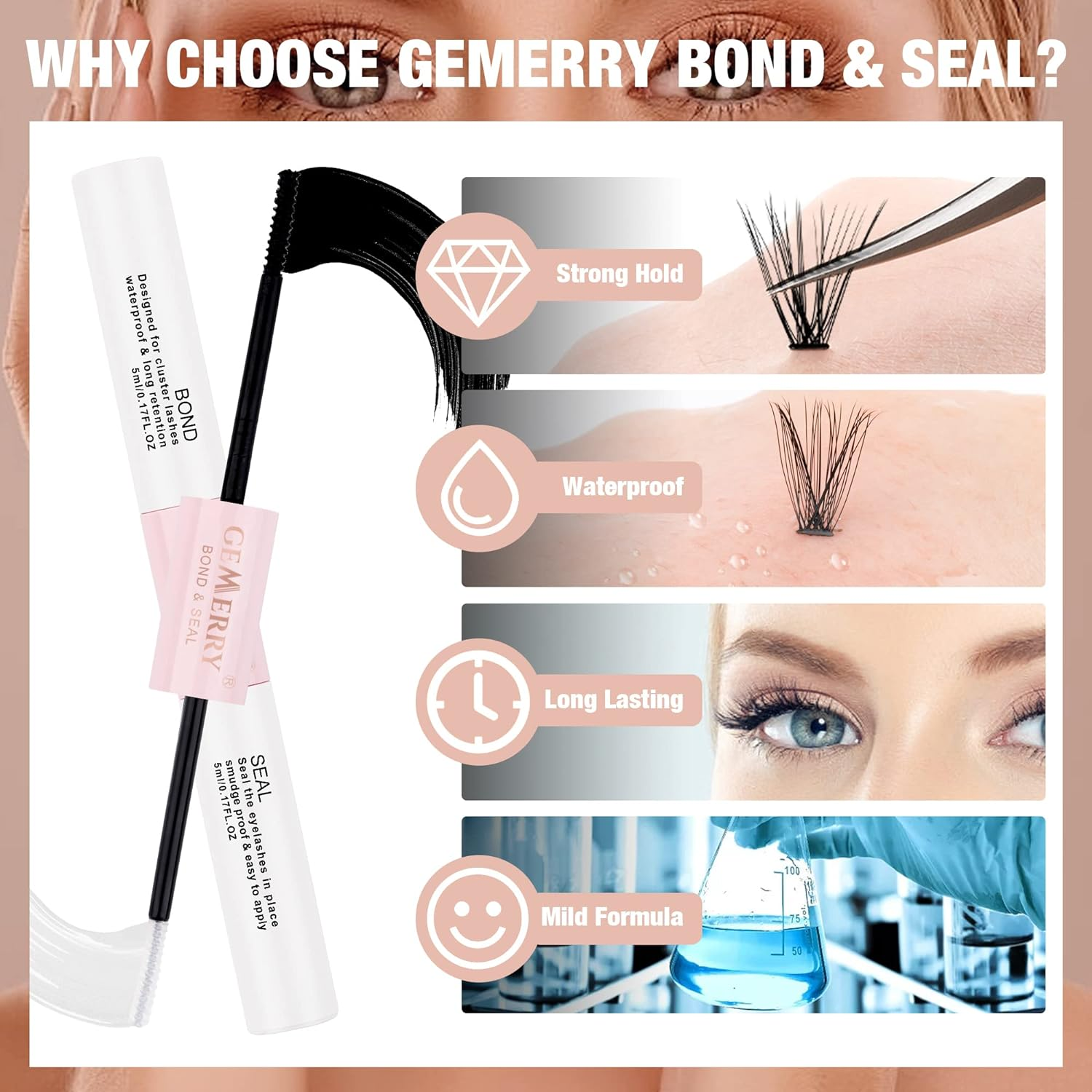 GEMERRY Lash Bond and Seal Eyelash Glue, Cluster Lash Glue, Individual Lash Glue Eyelash Glue for DIY Eyelash Extensions Clear Waterproof 48H+ Latex-Free Overnight Beginner Friendly (5Ml+ 5Ml) image number 2