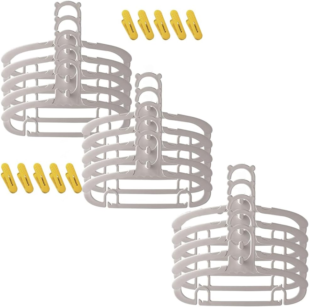 MOTRAIN 20Pcs Adjustable Non-Slip Space-Saving Hangers with Clips for Baby Kids Clothes, Trousers, Skirts, Coats and Pants, 20 Gray Hangers + Yellow 10 Clips image number 4