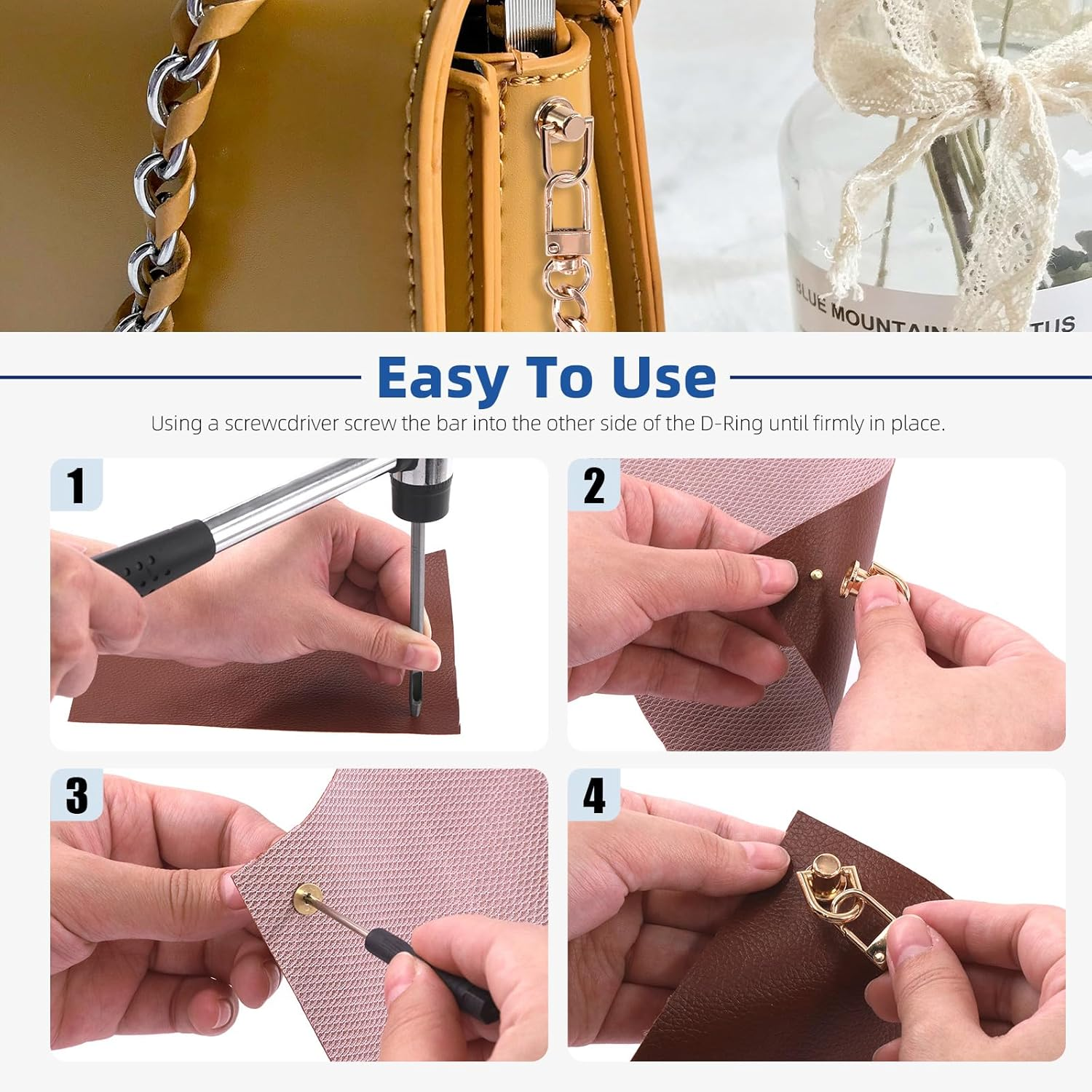 Glarks 41Pcs D Ring Rivets Kit Light Gold Ball Post Head Buttons Metal D Ring Stud Rivets Rotatable round Rivets with Screwdriver for Bags, Belts, DIY Leather Crafts