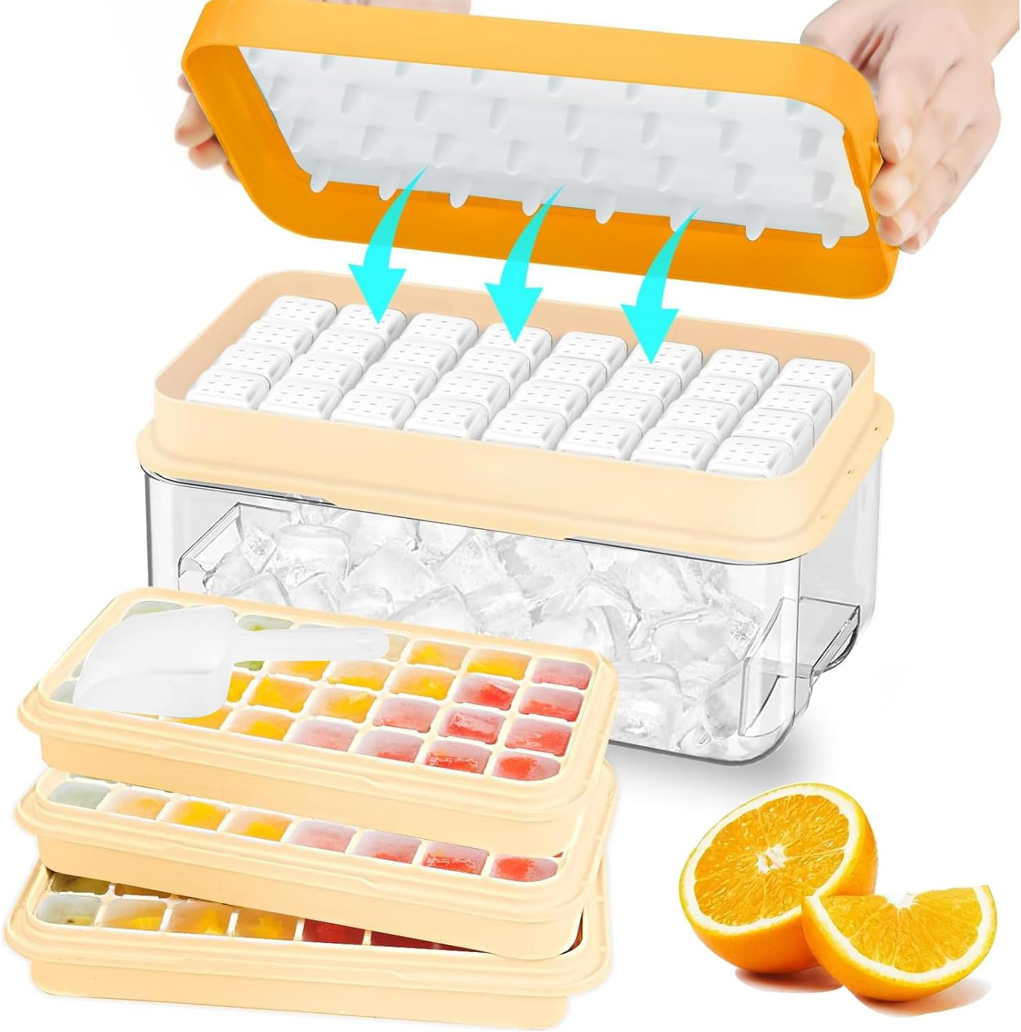 Ice Cube Tray, Ice Tray with Lid and Bin and Ice Scoop, Ice Cube Pop Out Tray, Ice Cube Trays for Freezer, Ice Cube Molds, BPA Free, Easy Release Stackble Spill-Resistant (Pink 3 Tier) image number 2