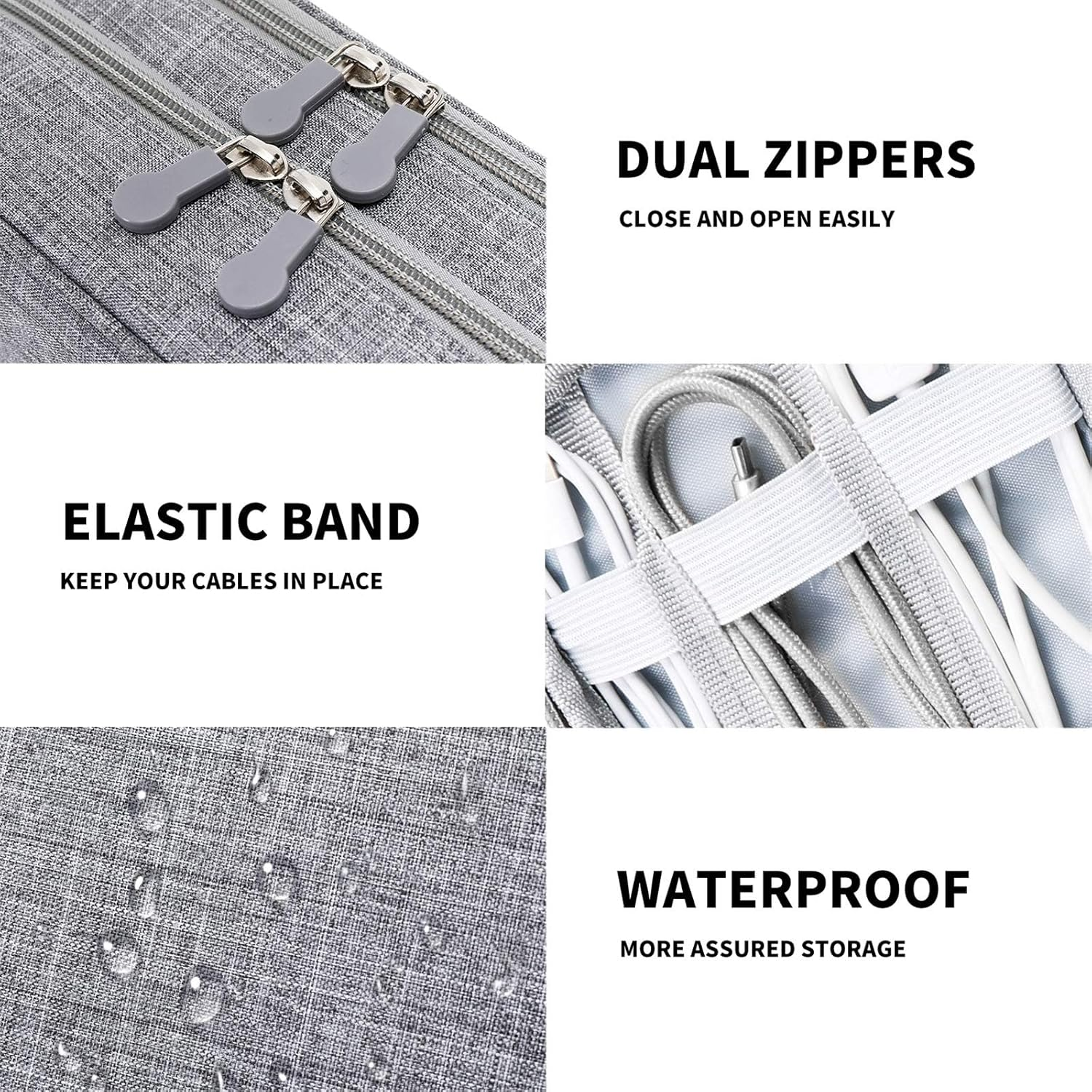 YOKONICO Electronics Organizer Bag &ndash; Double Layer Cord Organizer Travel, Waterproof Cable Organizer for Cords, Chargers, Earphones, USB, SD Cards,Tablet, Power Bank & Electronic Accessories - Soft Grey image number 3