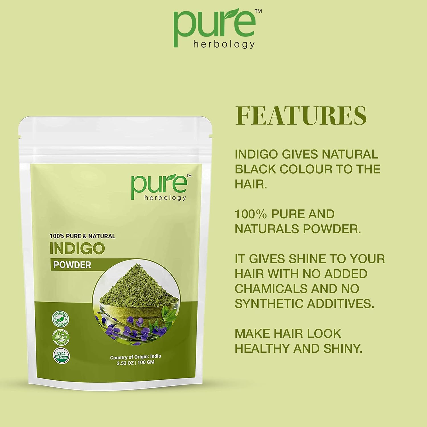 Pure Herbology Pure & Natural Indian Indigo Powder for Hair Care & Hair Growth, 100Gm