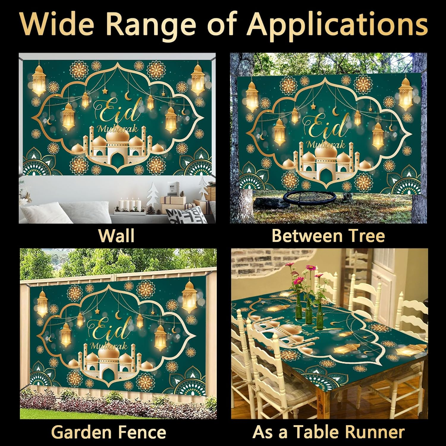 Eid Mubarak Banner 2025, Extra Large Fabric Ramadan Kareem Backdrop for Decorations, 72 X 44 Inch Star Moon Lanterns Castles Photo Booth Background for Islamic Muslim Al-Fitr Party Supplies