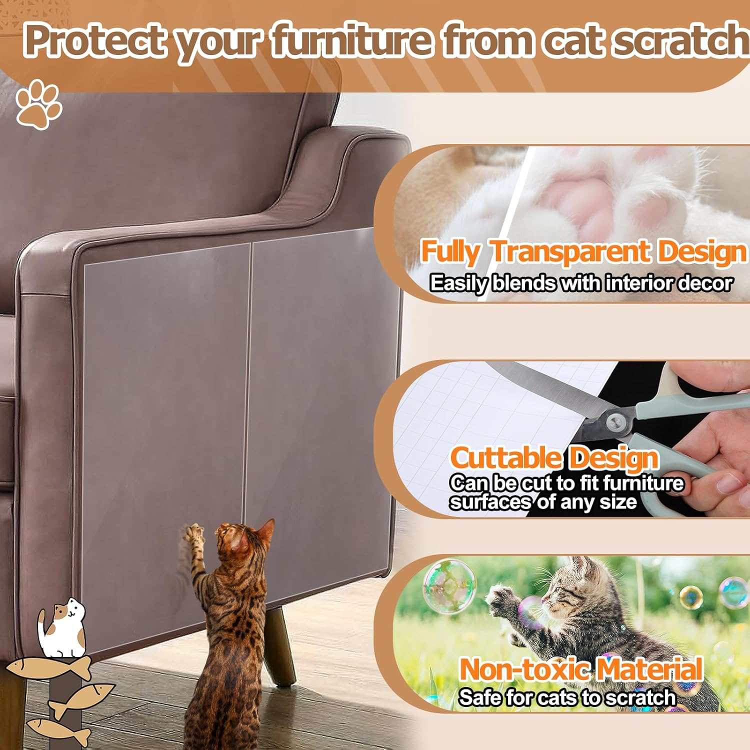 Cat Scratch Furniture Protector - Specially Designed for Leather Furniture, Easy to Remove Anti-Scratch Couch Protector from Cat, No Pins, 16 Pack