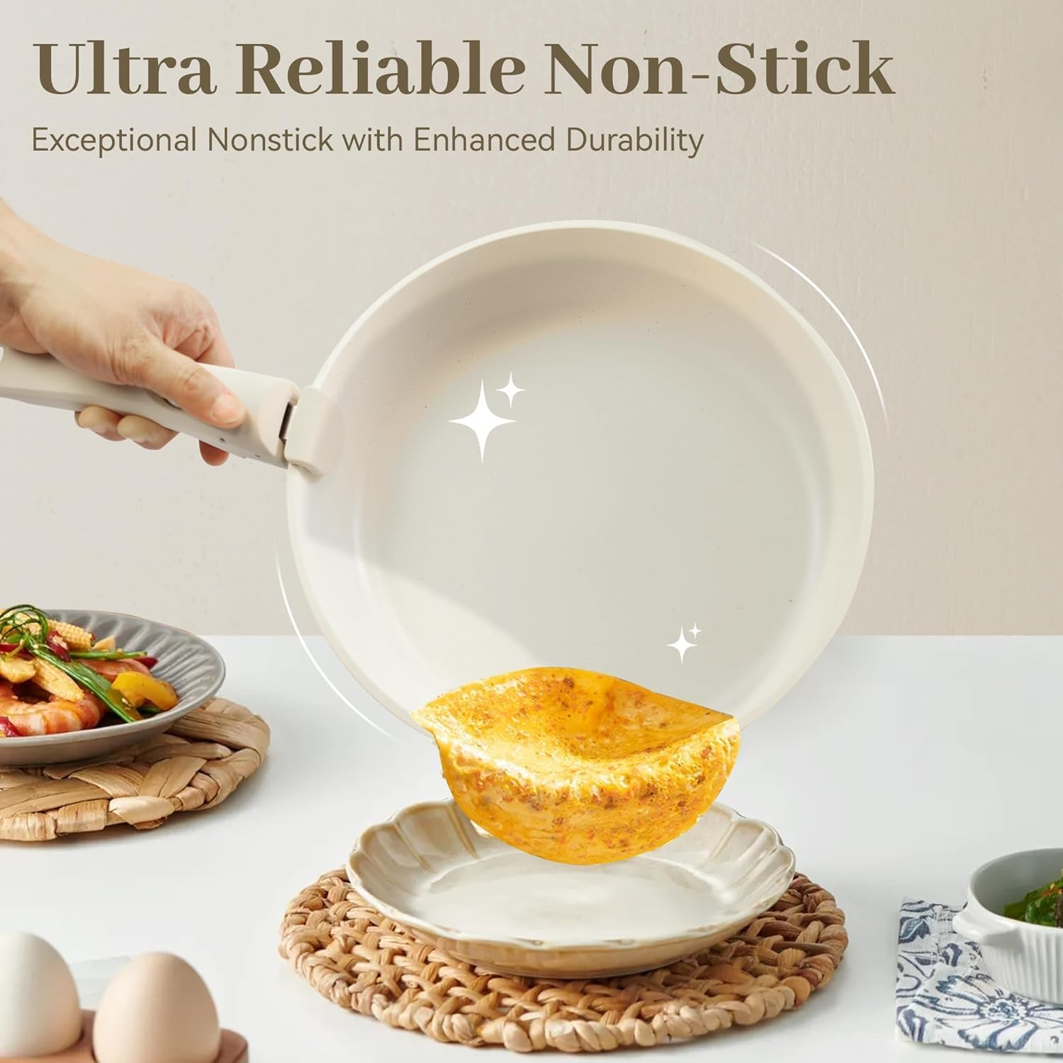 Pots and Pans Set Non Stick, 15Pcs Kitchen Cookware Sets, Dishwasher/Oven/Fridge Safe, Space Saving Pots Set, Nonstick Set with Versatile Detachable Handle, Induction RV Set, Cream (Cream Color) - Black image number 3